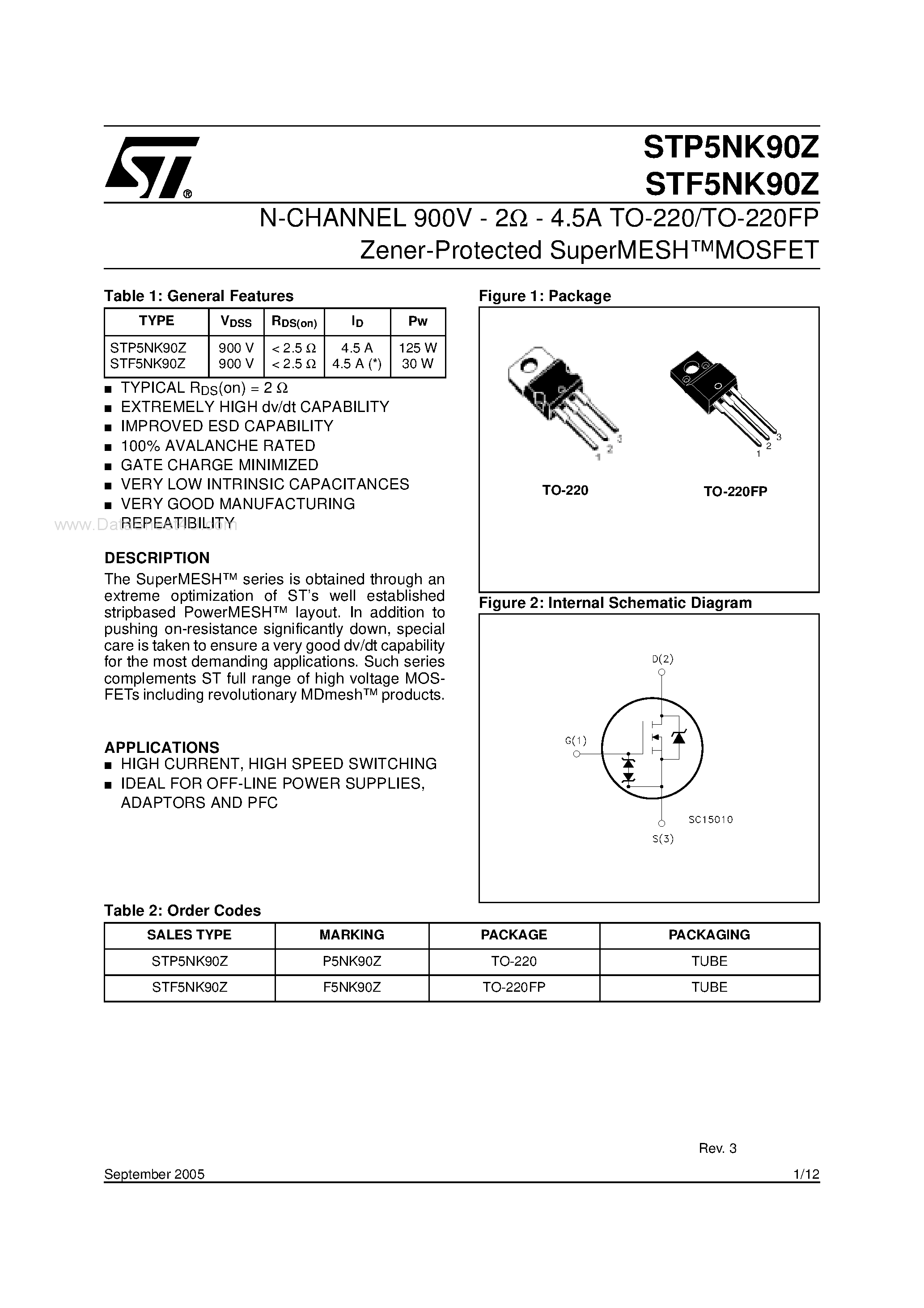 Datasheet STP5NK90Z - N-channel Power MOSFET page 1