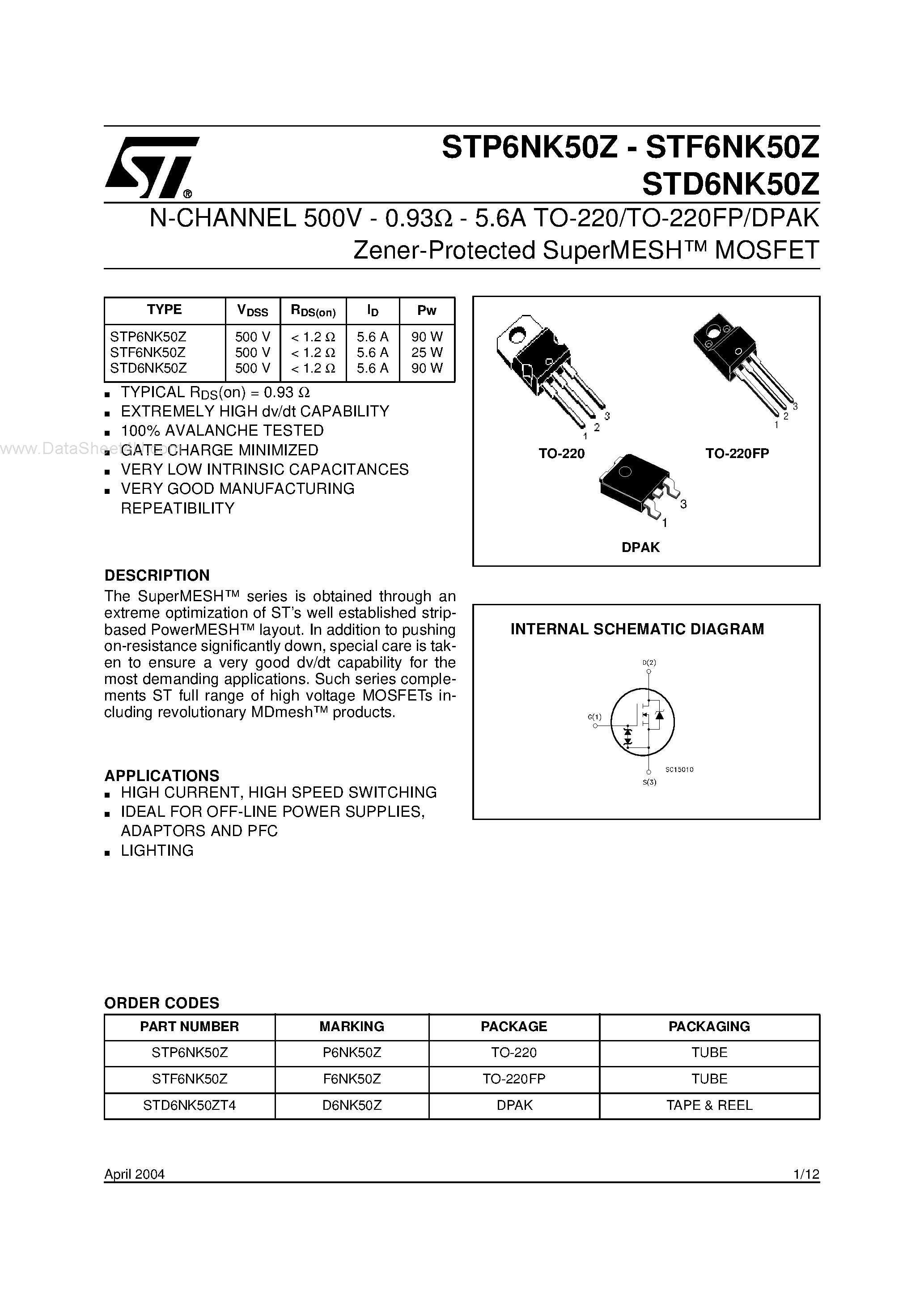 Datasheet STF6NK50Z - N-channel Power MOSFET page 1