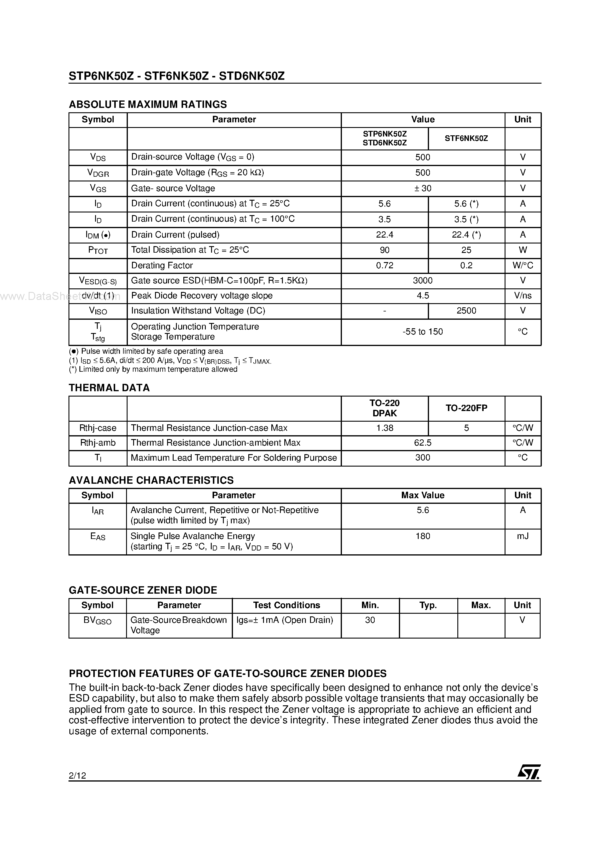 Datasheet STF6NK50Z - N-channel Power MOSFET page 2