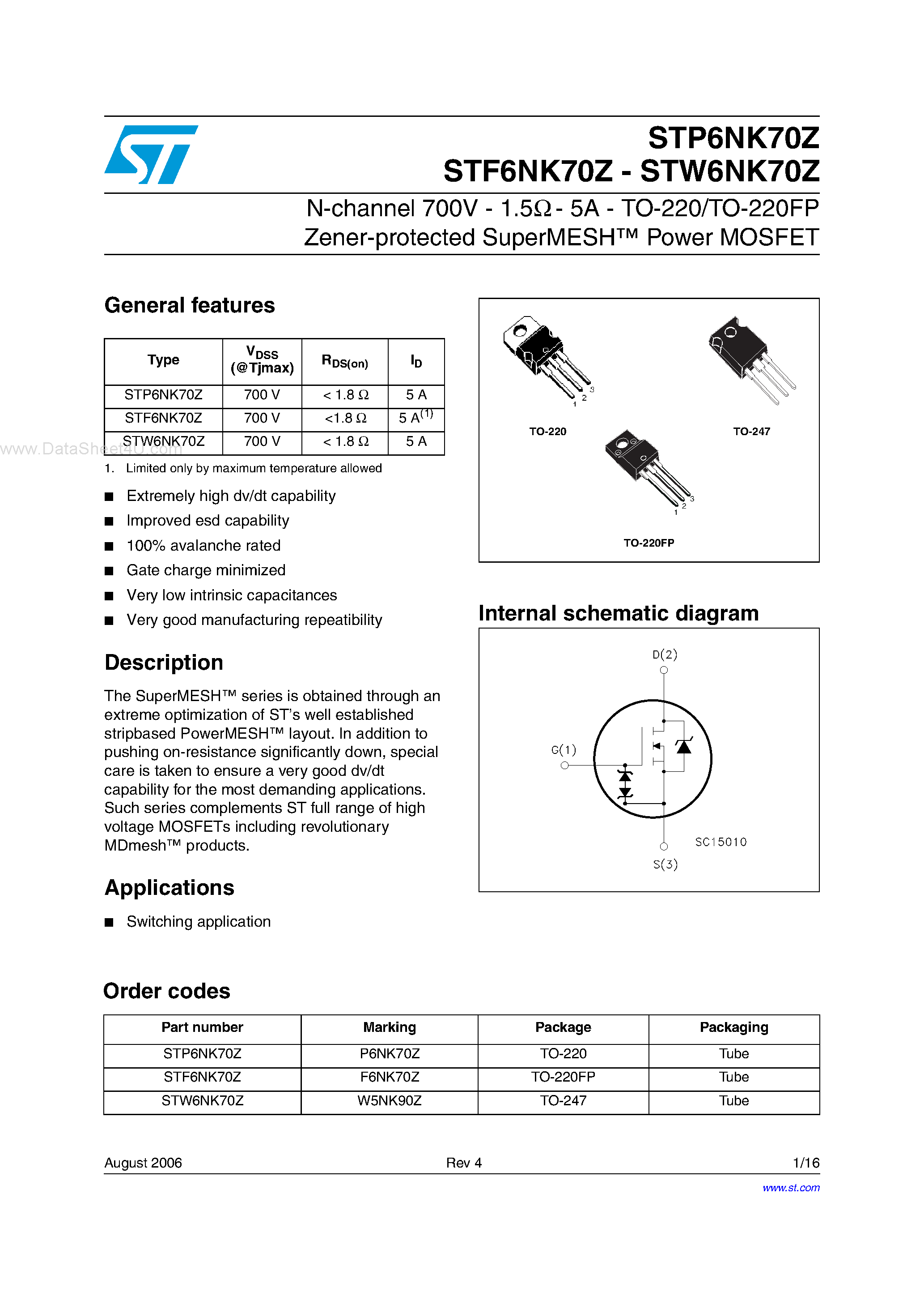 Datasheet STF6NK70Z - N-channel Power MOSFET page 1