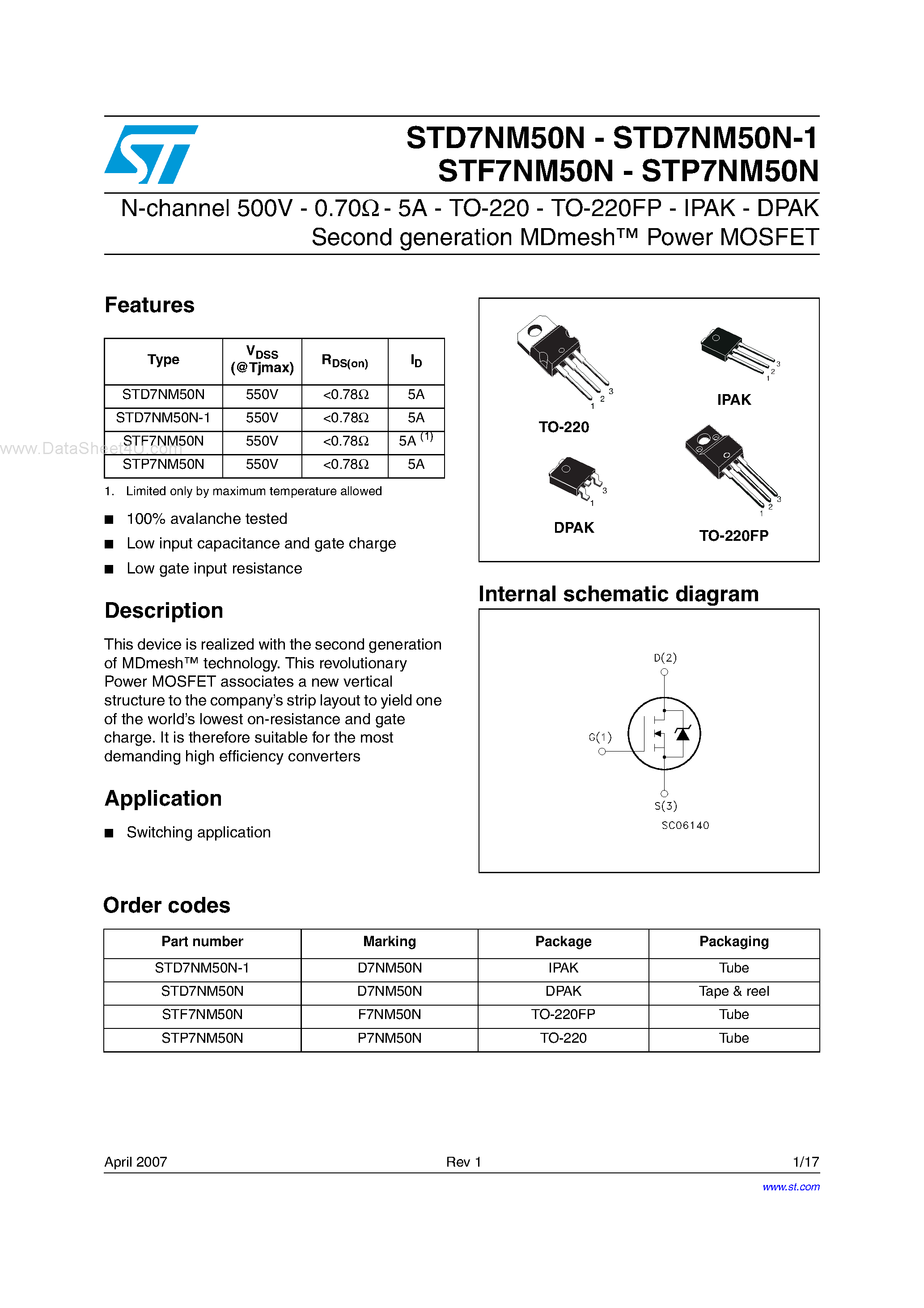 Datasheet STF7NM50N - N-channel Power MOSFET page 1
