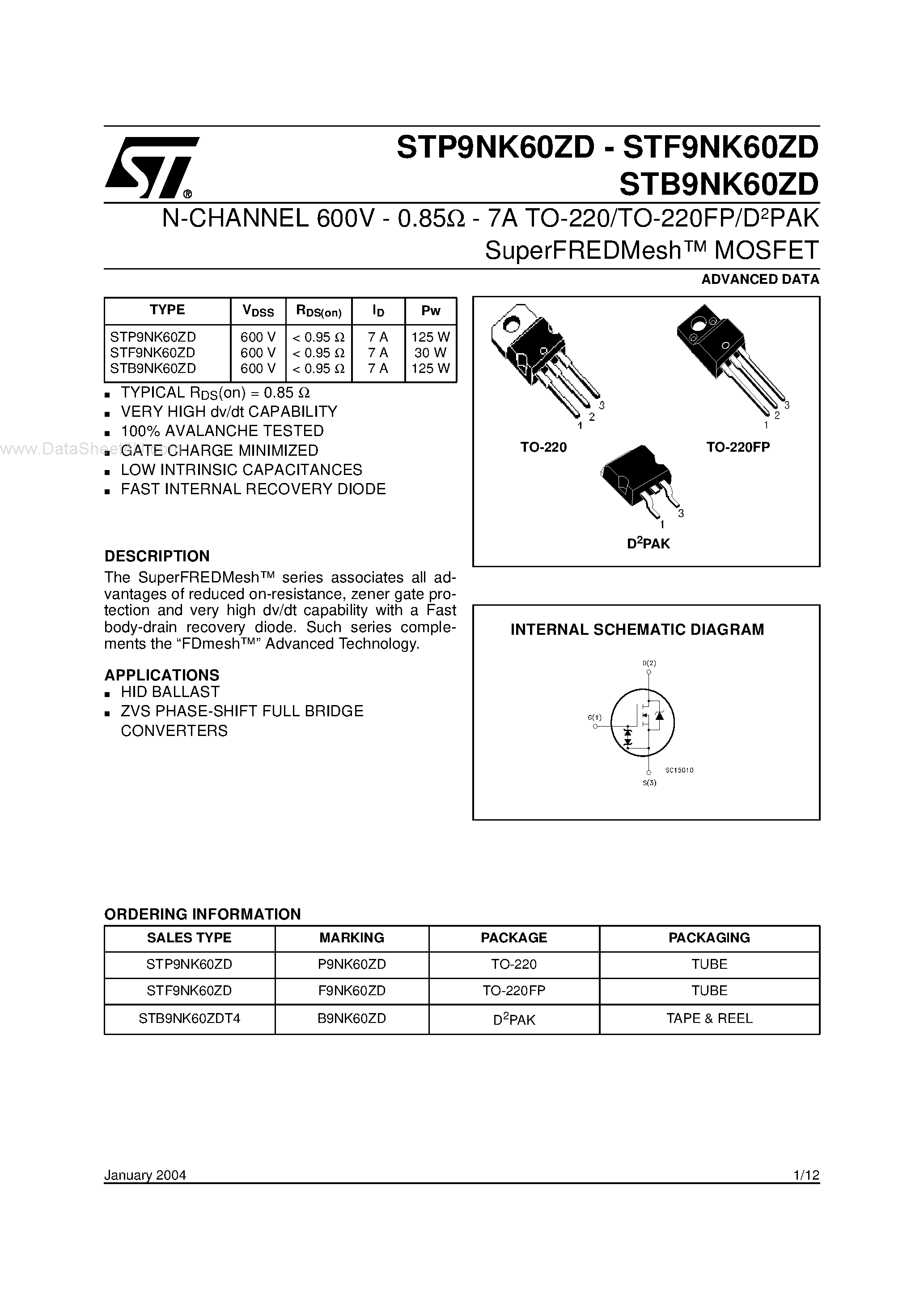 Datasheet STF9NK60ZD - N-channel Power MOSFET page 1