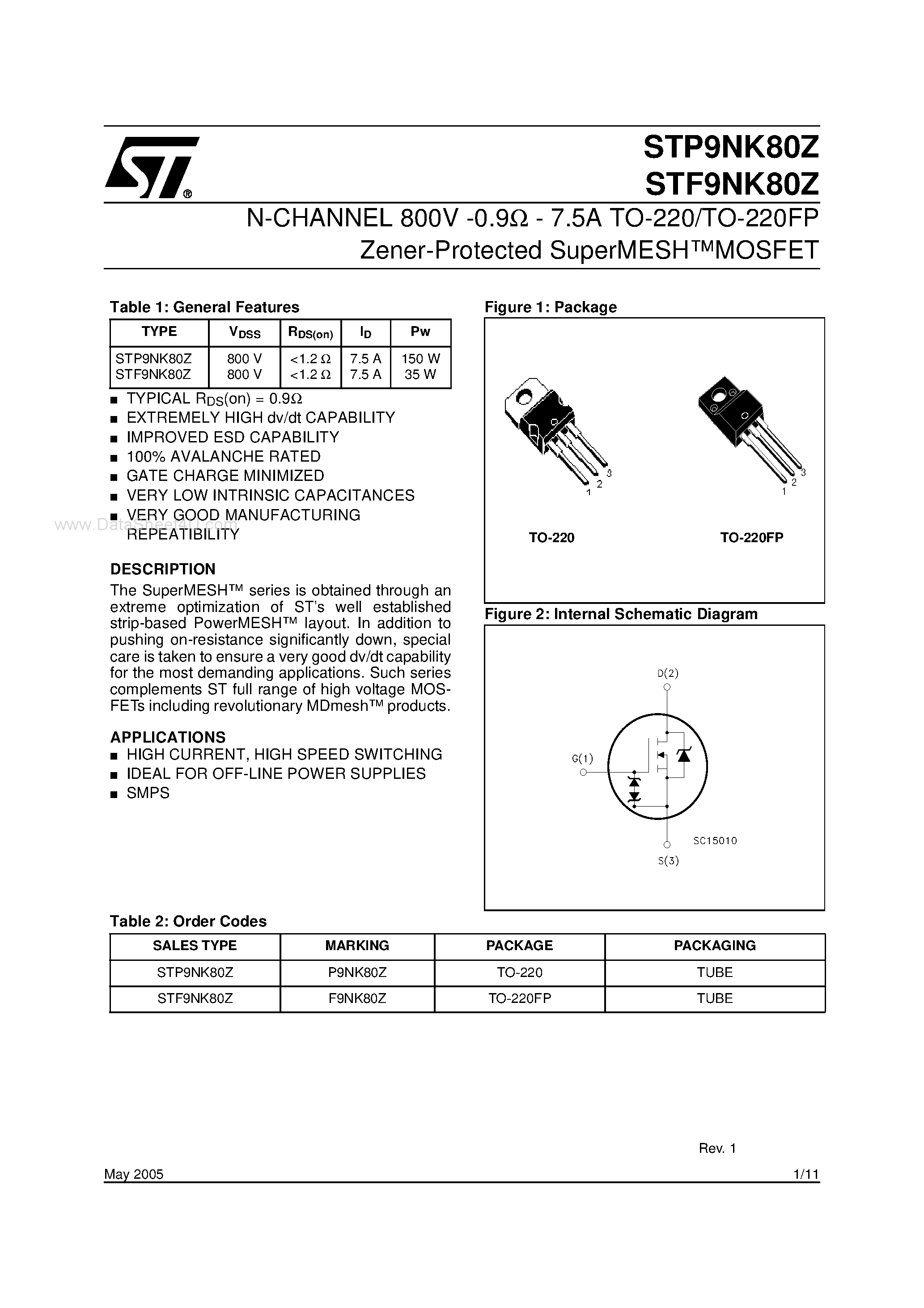 Datasheet STP9NK80Z page 1 Datasheet STP9NK80Z - N-channel Power MOSFET page 1