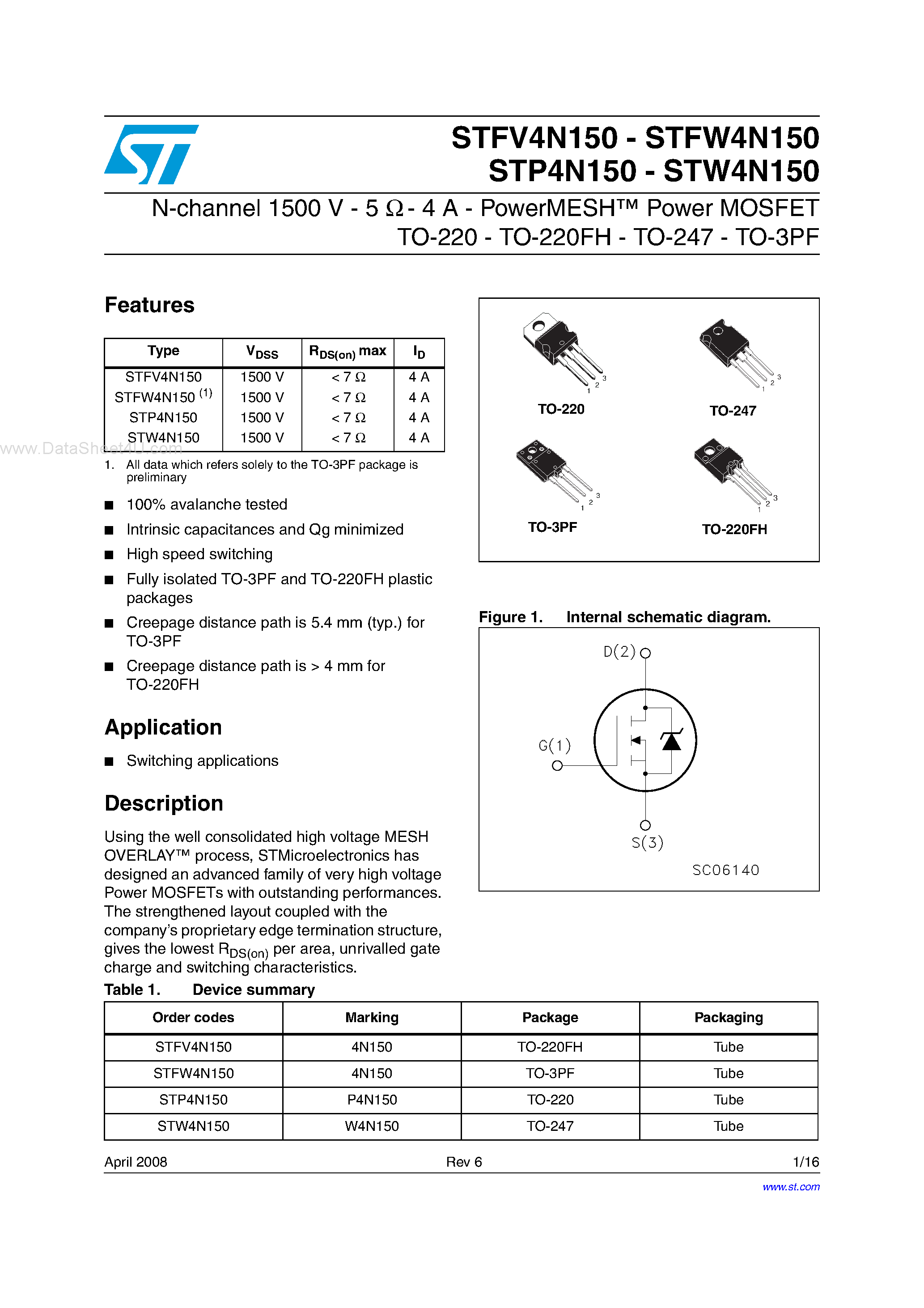 Datasheet STFW4N150 - N-CHANNEL MOSFET page 1
