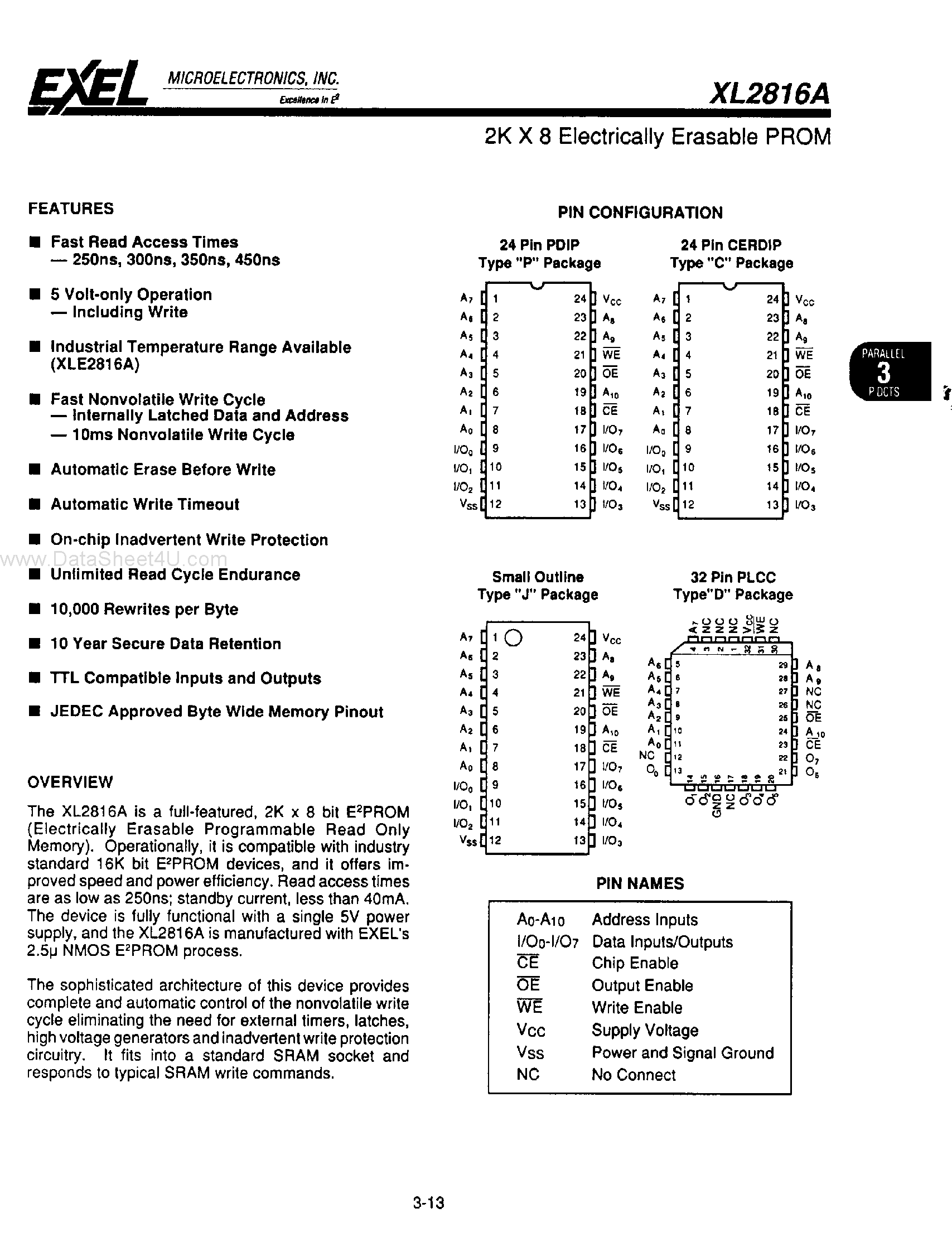 Datasheet XL2816A page 1 Datasheet XL2816A - 2K X 8 Electrically EPROM page 1