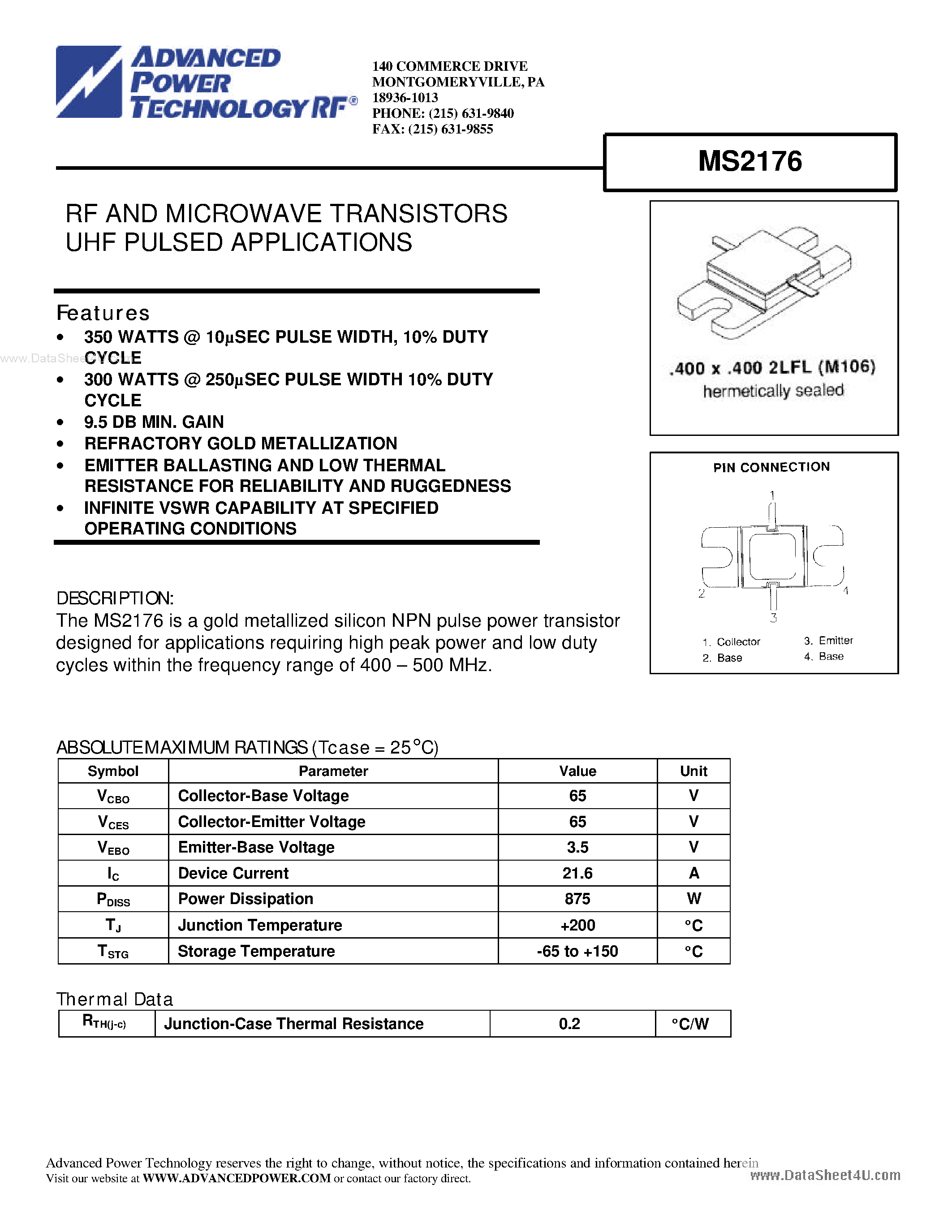 Datasheet MS2176 - RF AND MICROWAVE TRANSISTORS UHF PULSED APPLICATIONS page 1