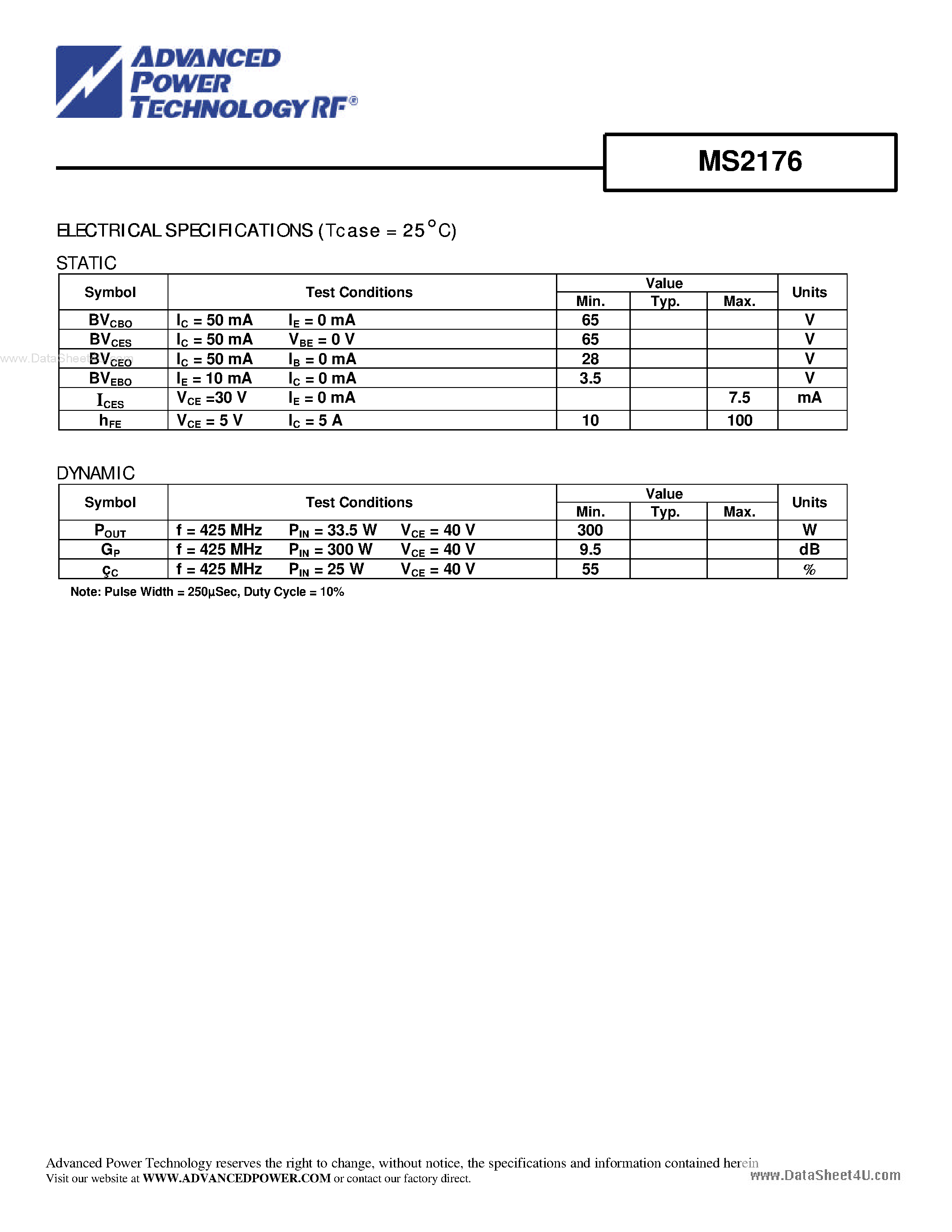 Datasheet MS2176 - RF AND MICROWAVE TRANSISTORS UHF PULSED APPLICATIONS page 2