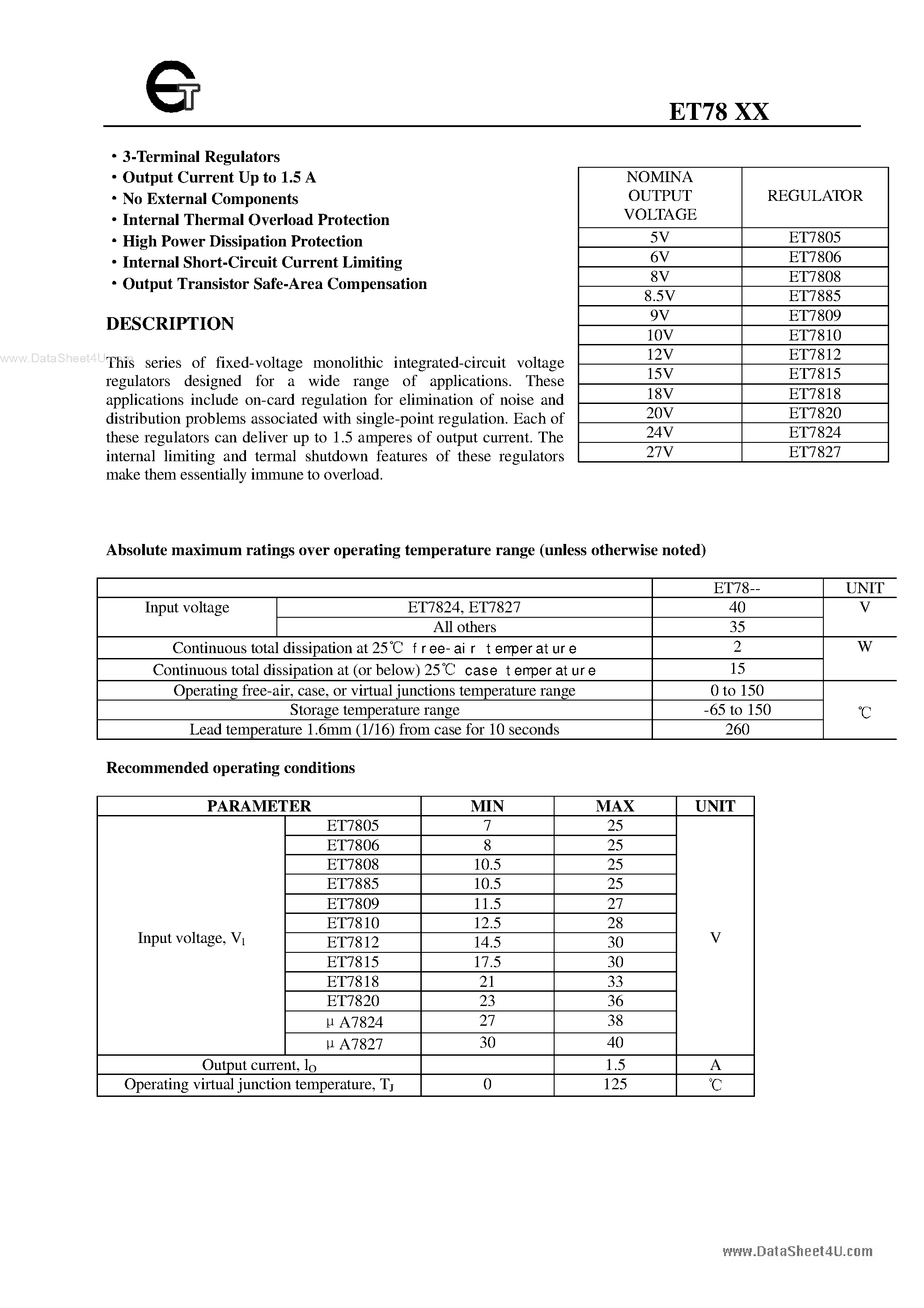 Даташит ET7805 - 3-Teminal Regulators страница 1