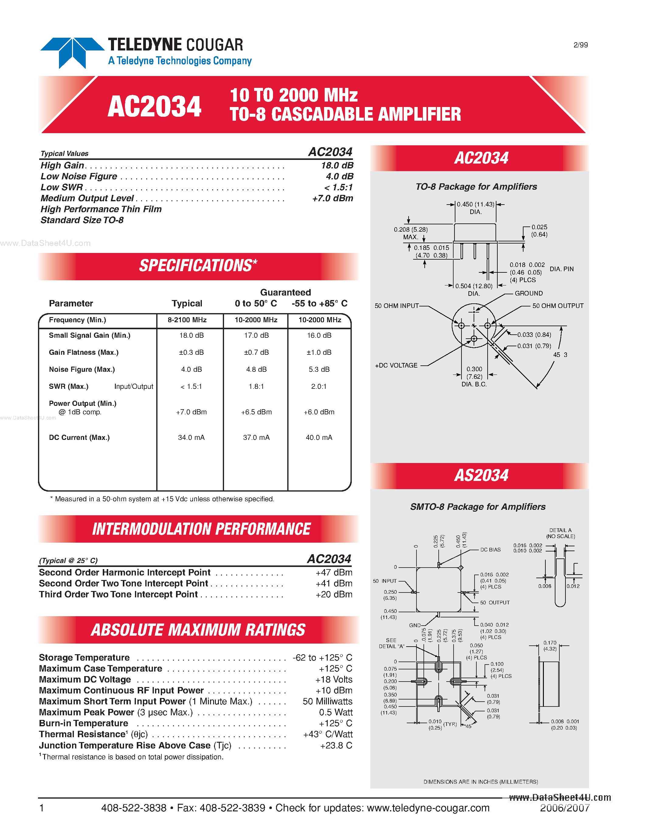 Даташит AC2034 - 10 TO 2000 MHz TO-8 CASCADABLE AMPLIFIER страница 1