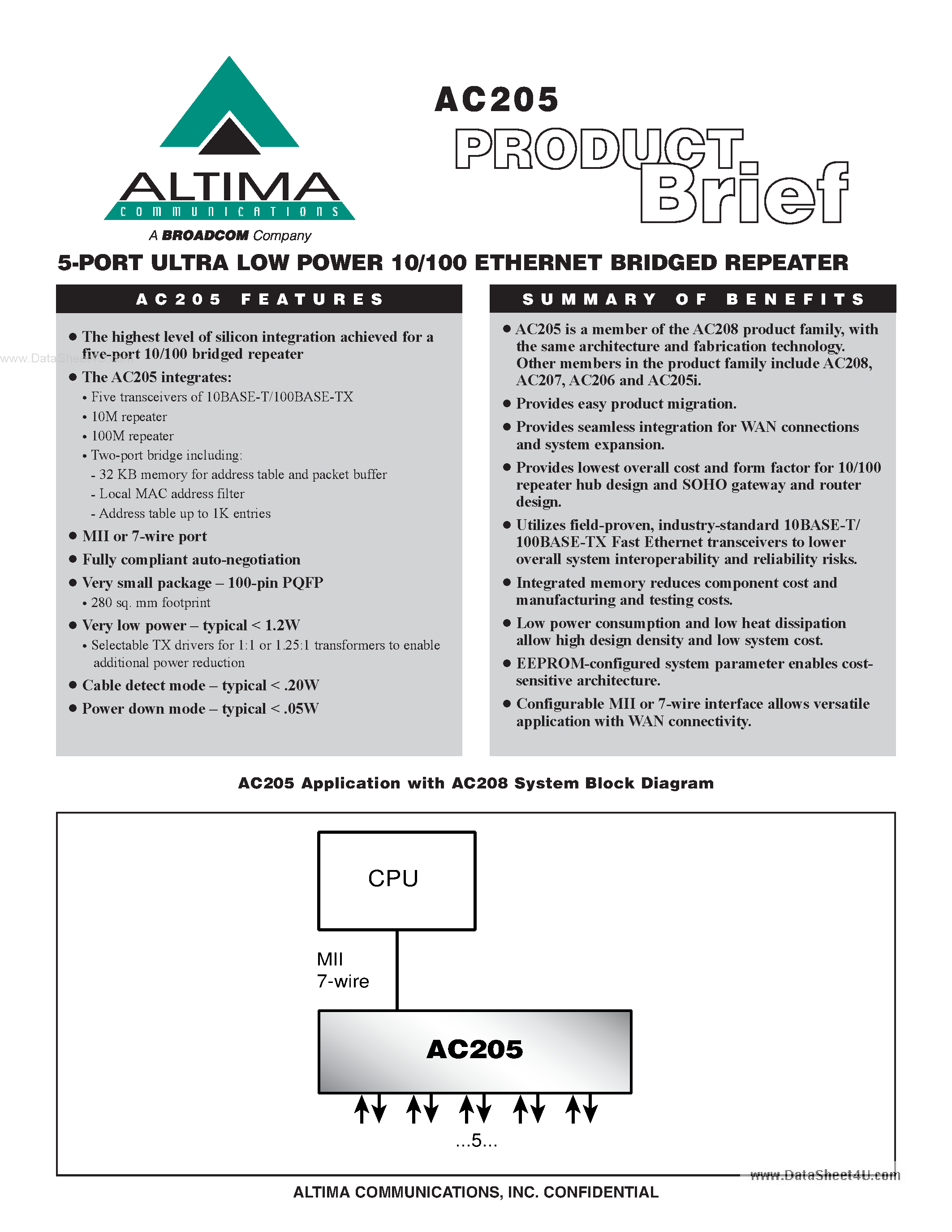 Datasheet AC205 - 5-PORT ULTRA LOW POWER 10/100 ETHERNET BRIDGED REPEATER page 1
