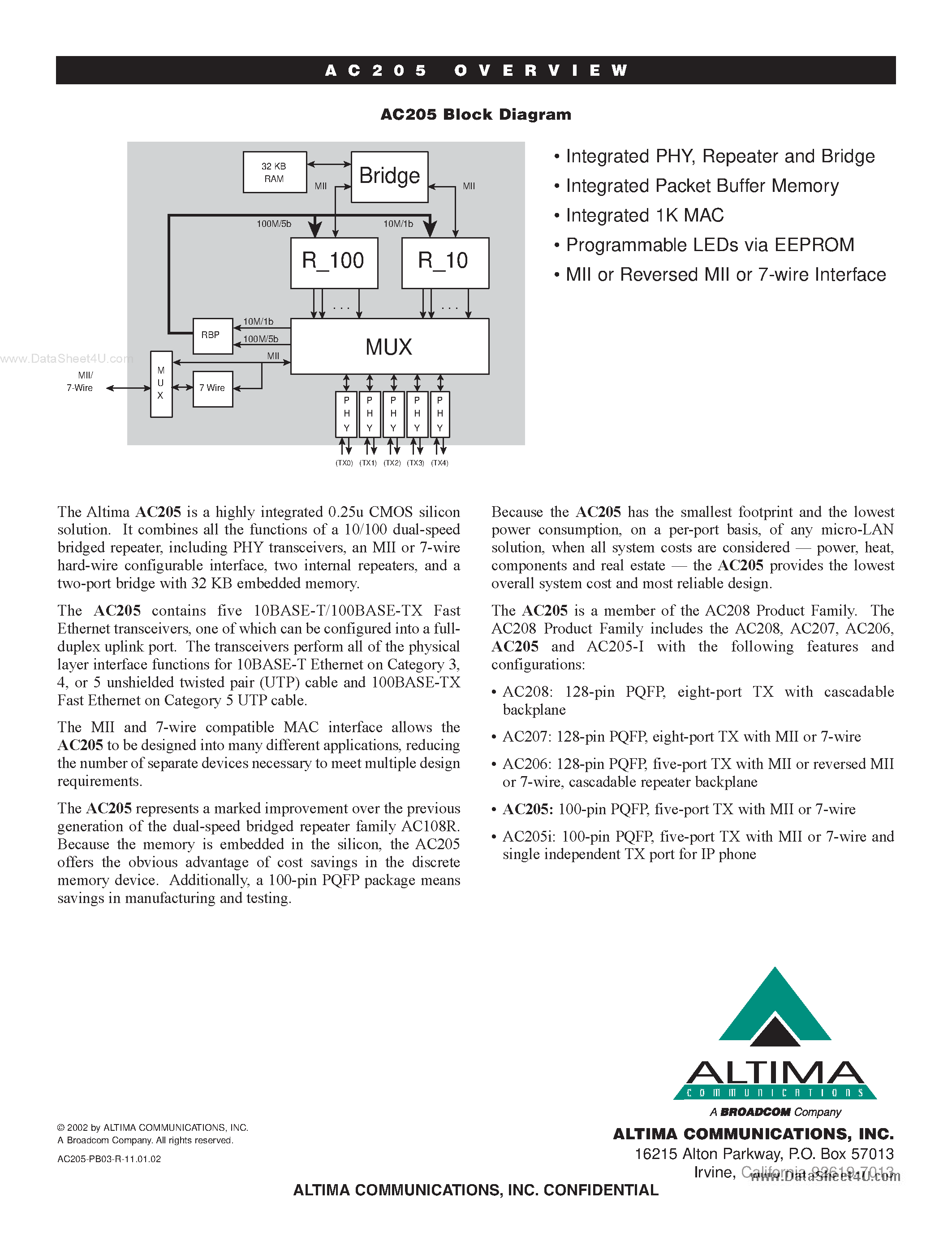 Datasheet AC205 - 5-PORT ULTRA LOW POWER 10/100 ETHERNET BRIDGED REPEATER page 2