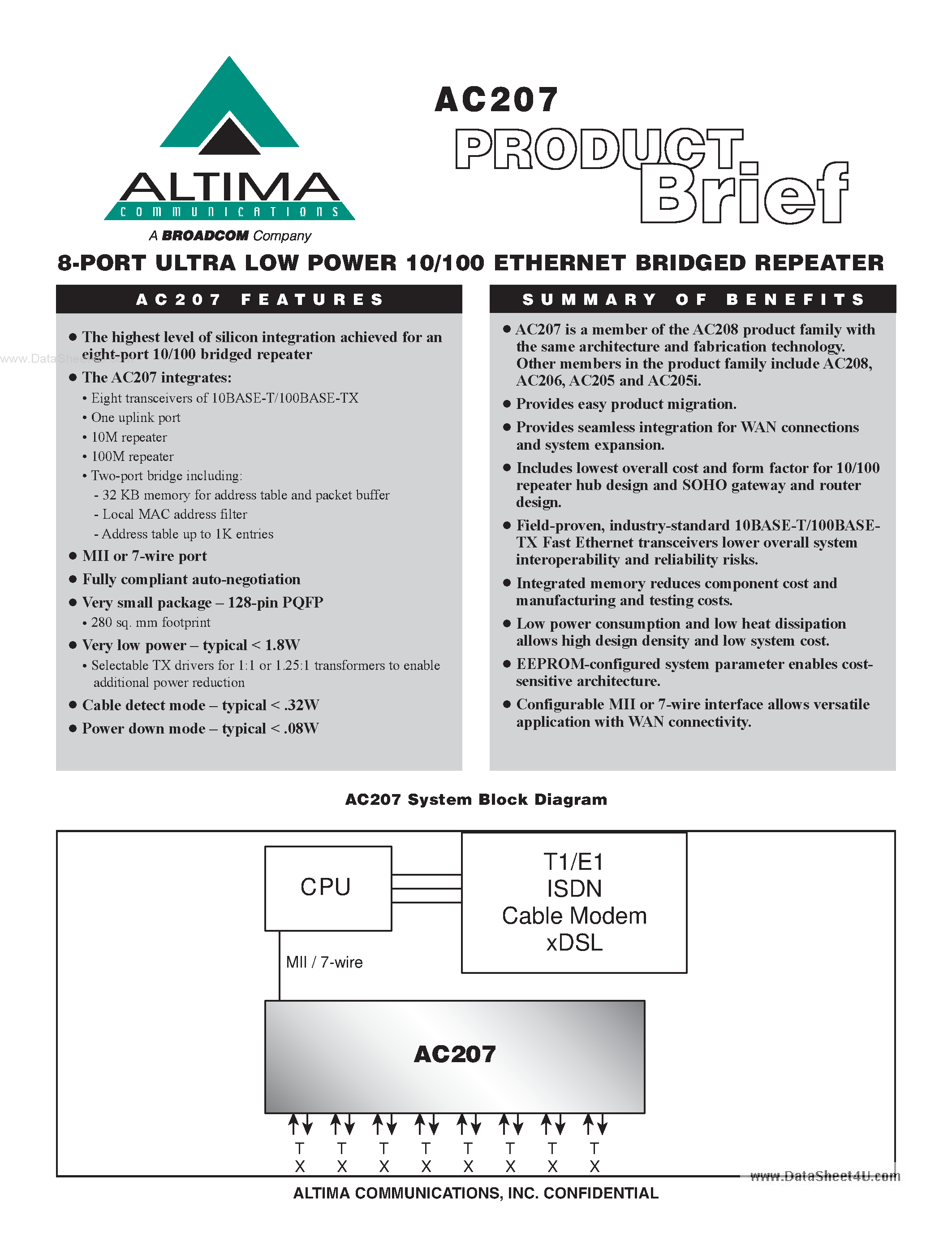 Даташит на микросхему AC207 страница 1 Даташит AC207 - 8-PORT ULTRA LOW POWER 10/100 ETHERNET BRIDGED REPEATER страница 1