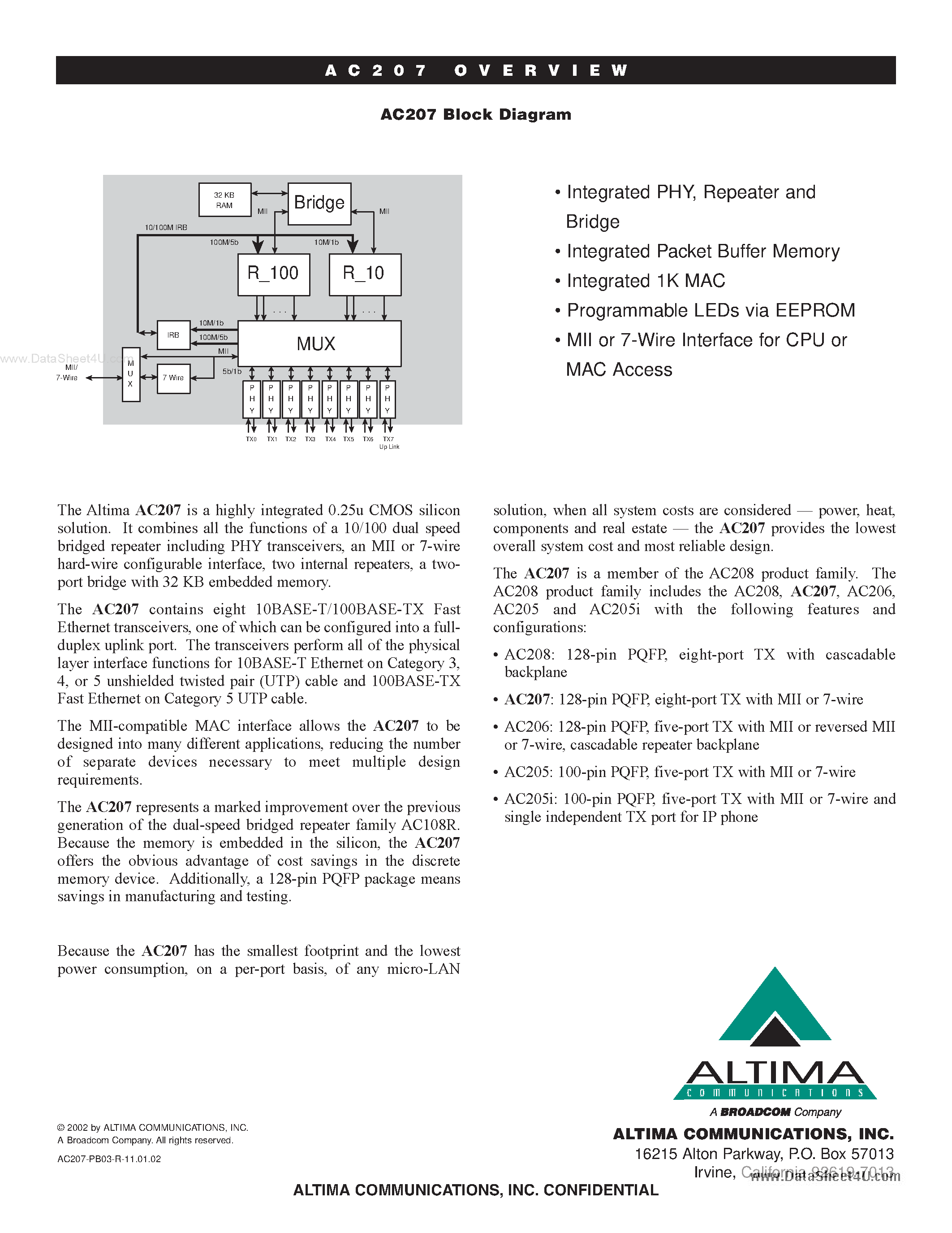 Даташит на микросхему AC207 страница 2 Даташит AC207 - 8-PORT ULTRA LOW POWER 10/100 ETHERNET BRIDGED REPEATER страница 2