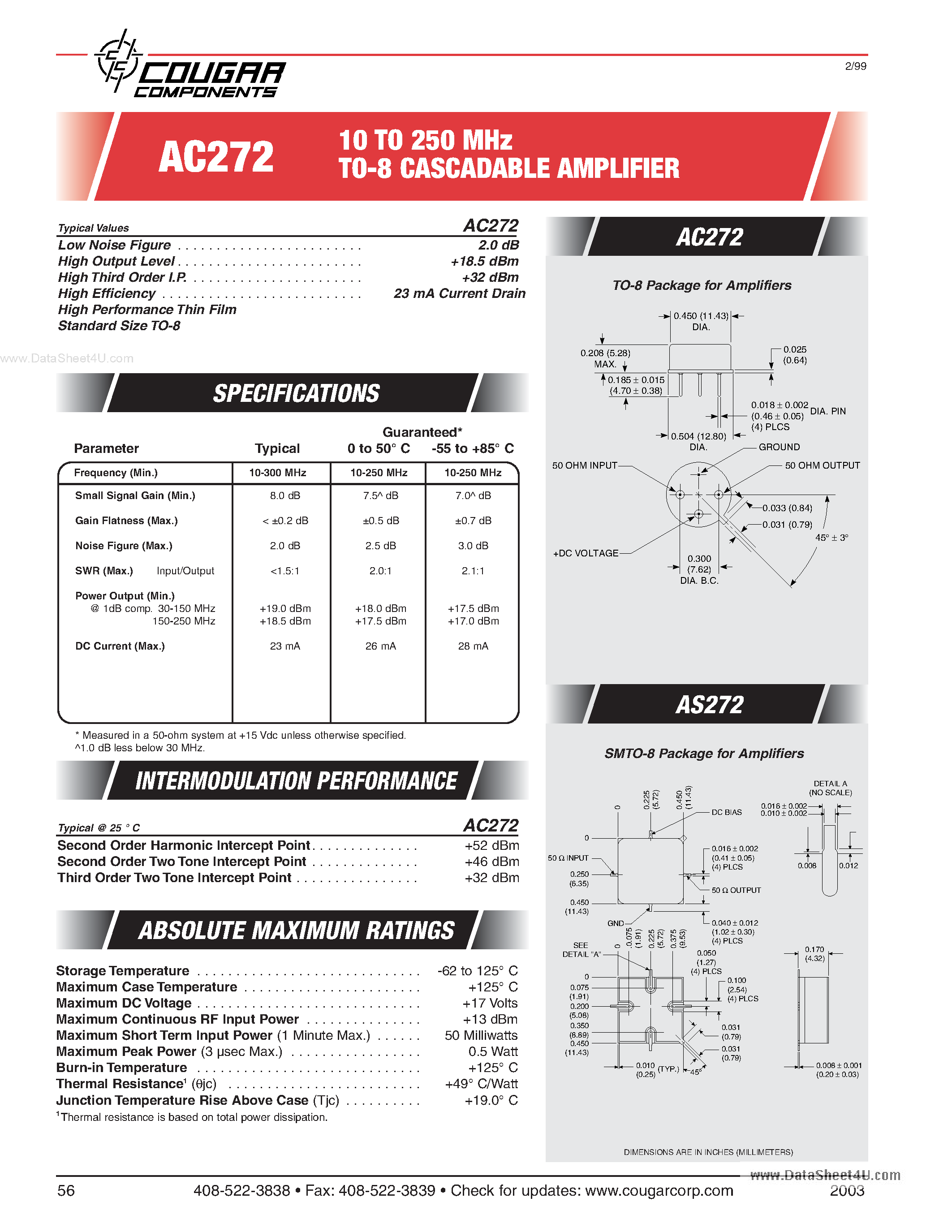 Даташит на микросхему AC272 страница 1 Даташит AC272 - 10 TO 250 MHz TO-8 CASCADABLE AMPLIFIER страница 1