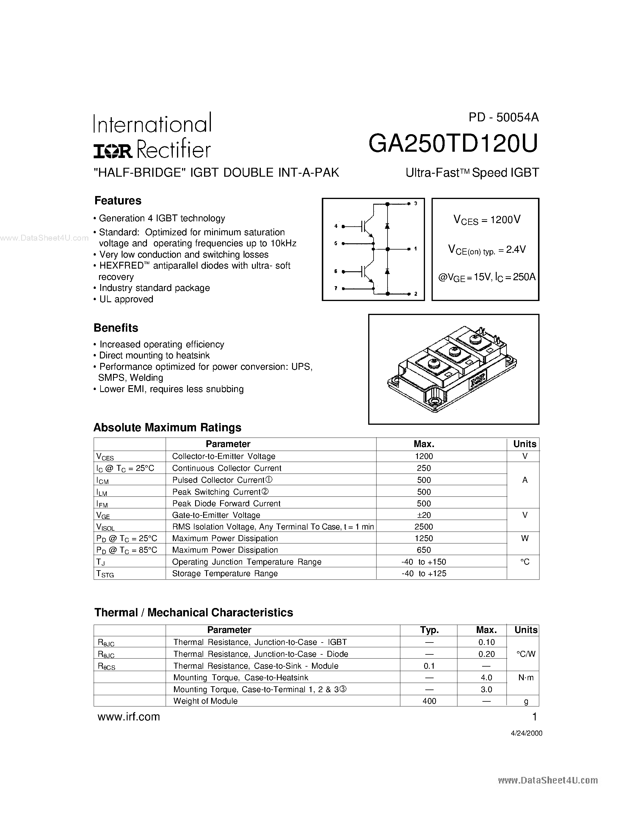 Datasheet GA250TD120U - HALF-BRIDGE IGBT DOUBLE INT-A-PAK page 1