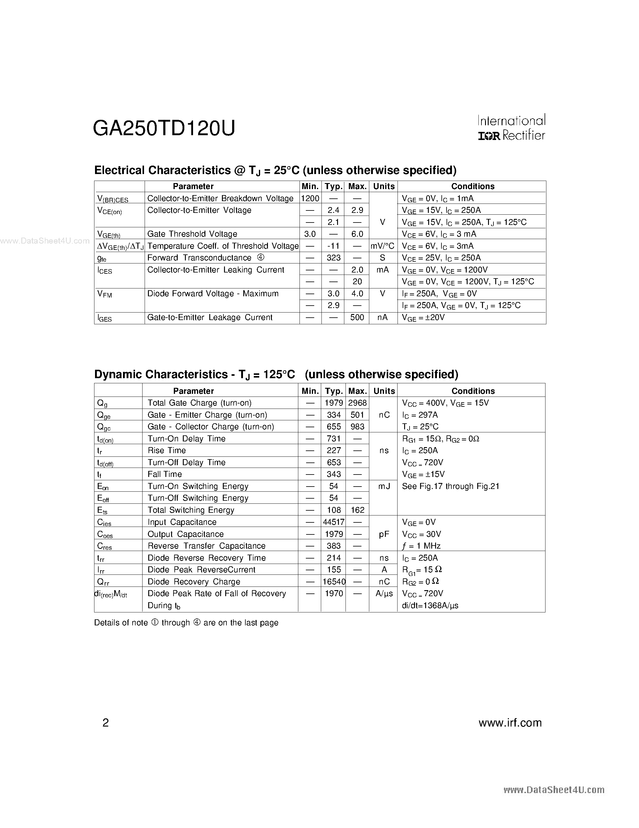 Datasheet GA250TD120U - HALF-BRIDGE IGBT DOUBLE INT-A-PAK page 2