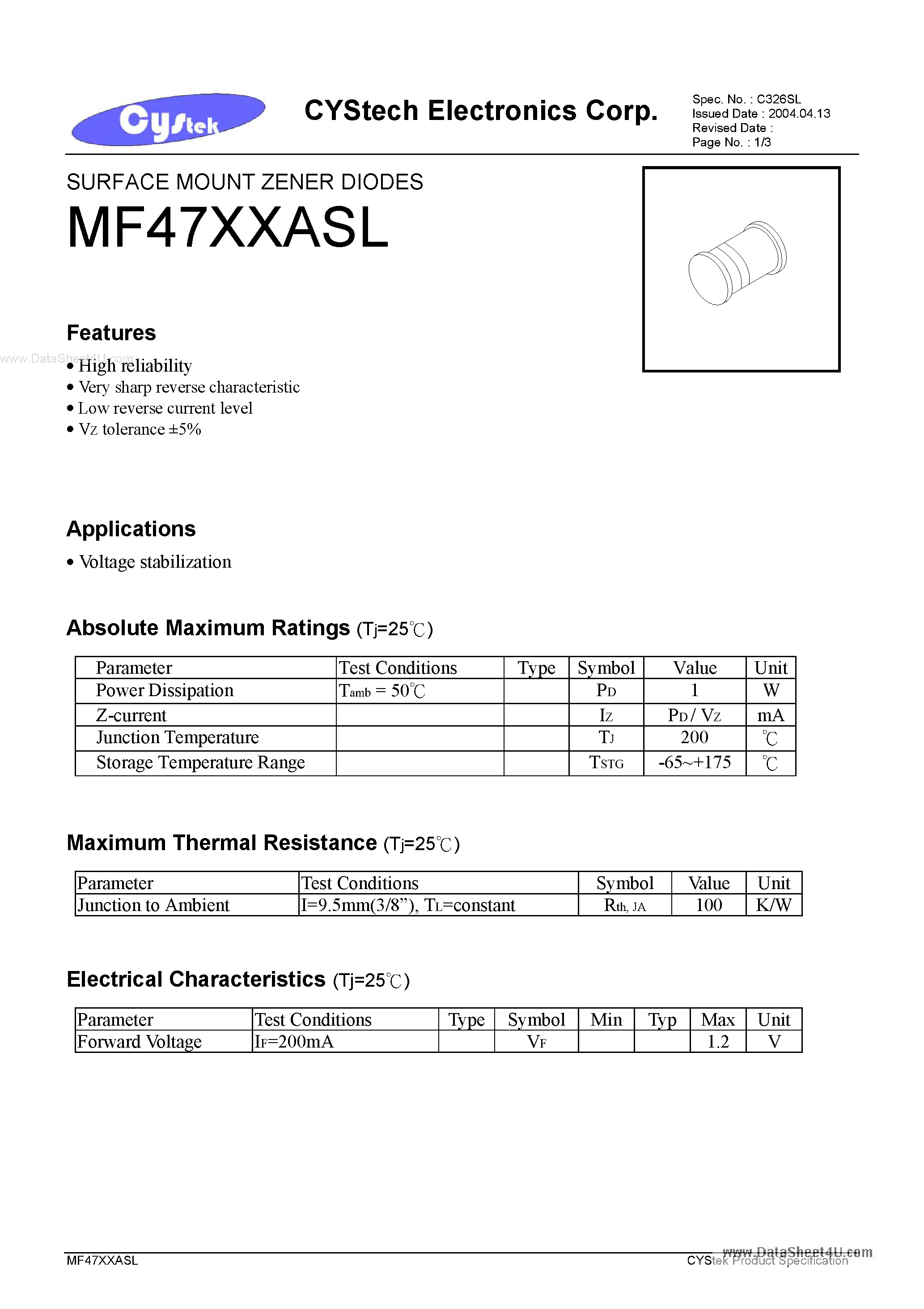 Даташит MF47xxASL - SURFACE MOUNT ZENER DIODES страница 1