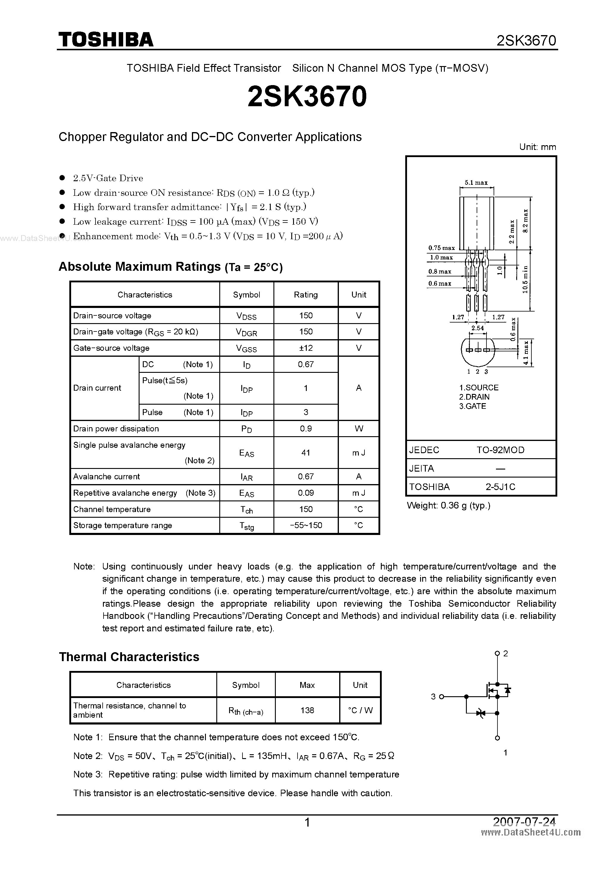 Datasheet 2SK3670 - Silicon N-Channel MOS Type Chopper Regulator and DC-DC Converter Applications page 1