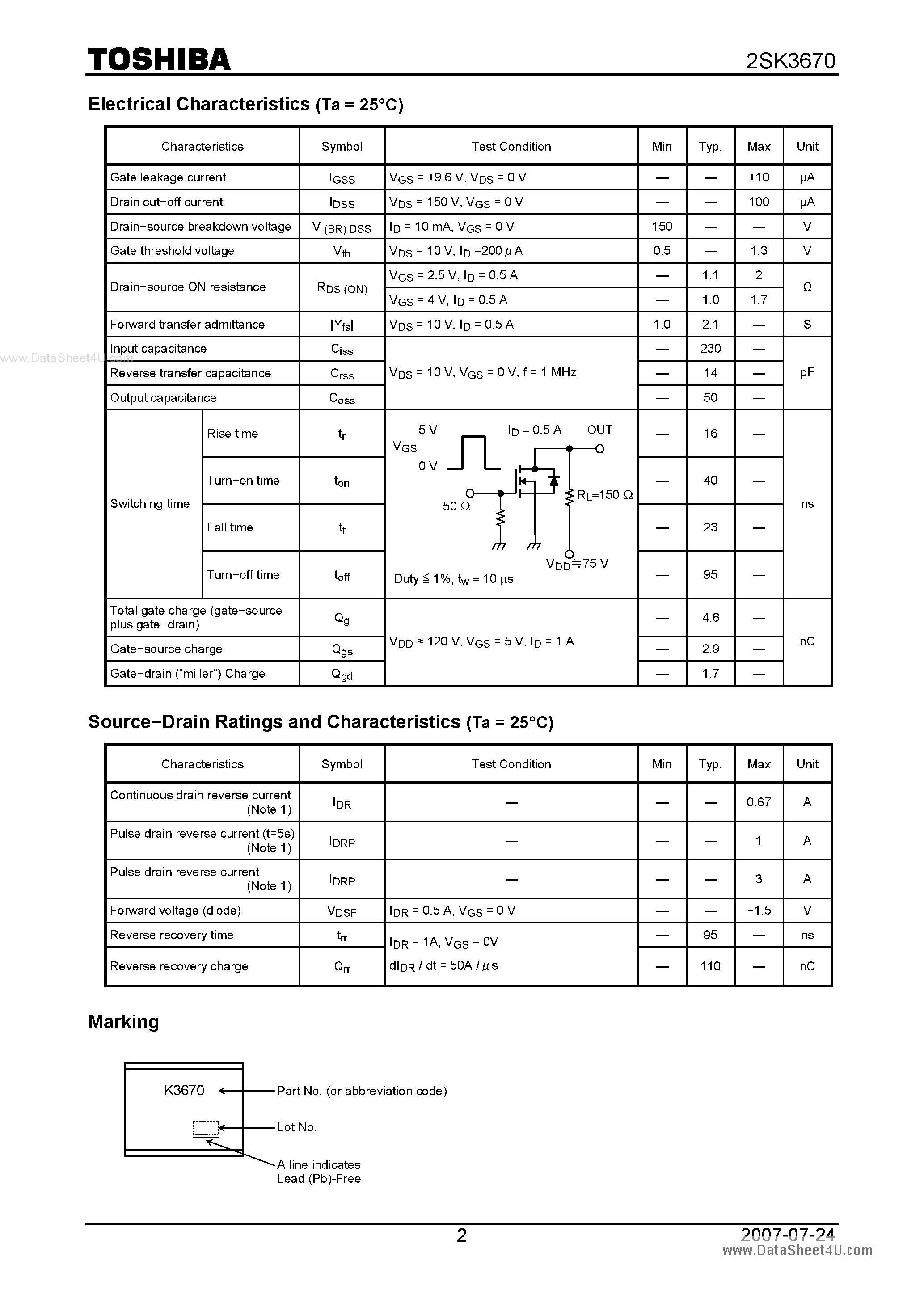 Datasheet 2SK3670 - Silicon N-Channel MOS Type Chopper Regulator and DC-DC Converter Applications page 2