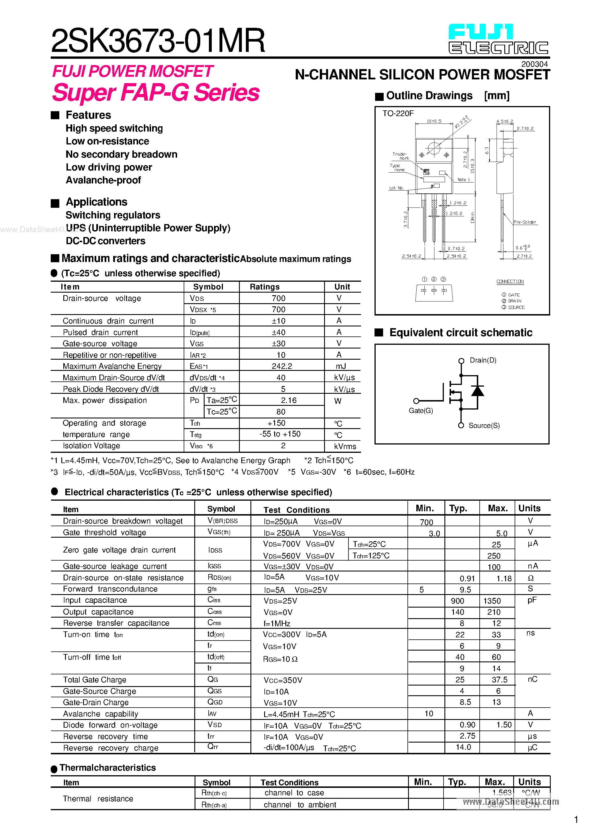 Datasheet 2SK3673-01MR - N-CHANNEL SILICON POWER MOSFET page 1