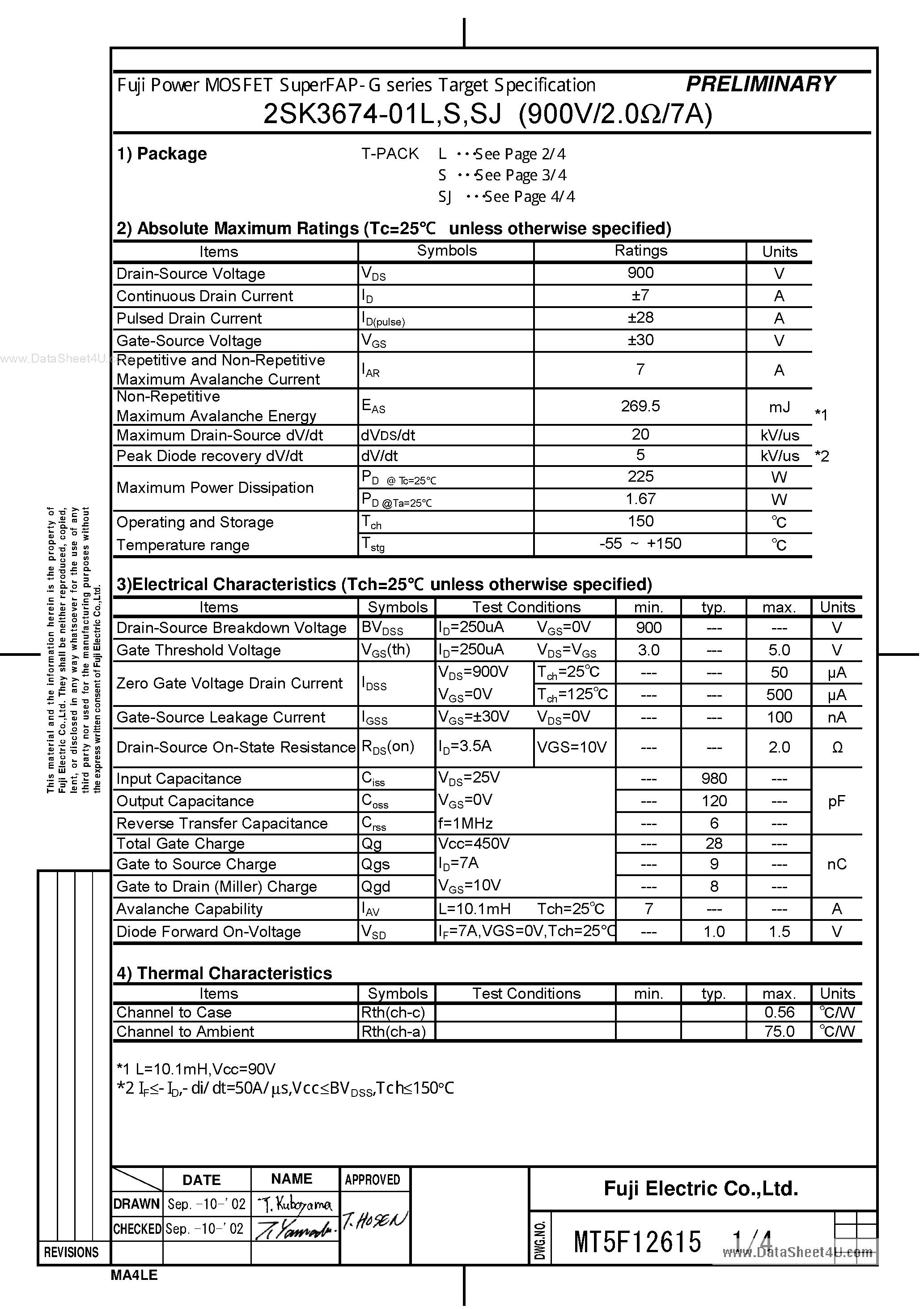 Datasheet 2SK3674 - Power MOSFET SuperFAP-G series Target Specification page 1