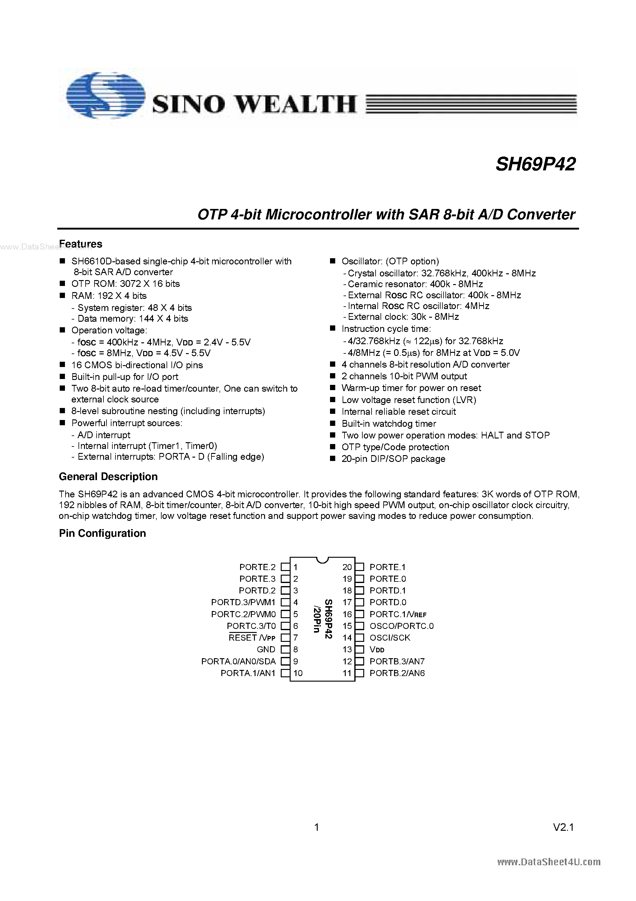 Datasheet SH69P42 - OTP 4-Bit Microcontroller page 1