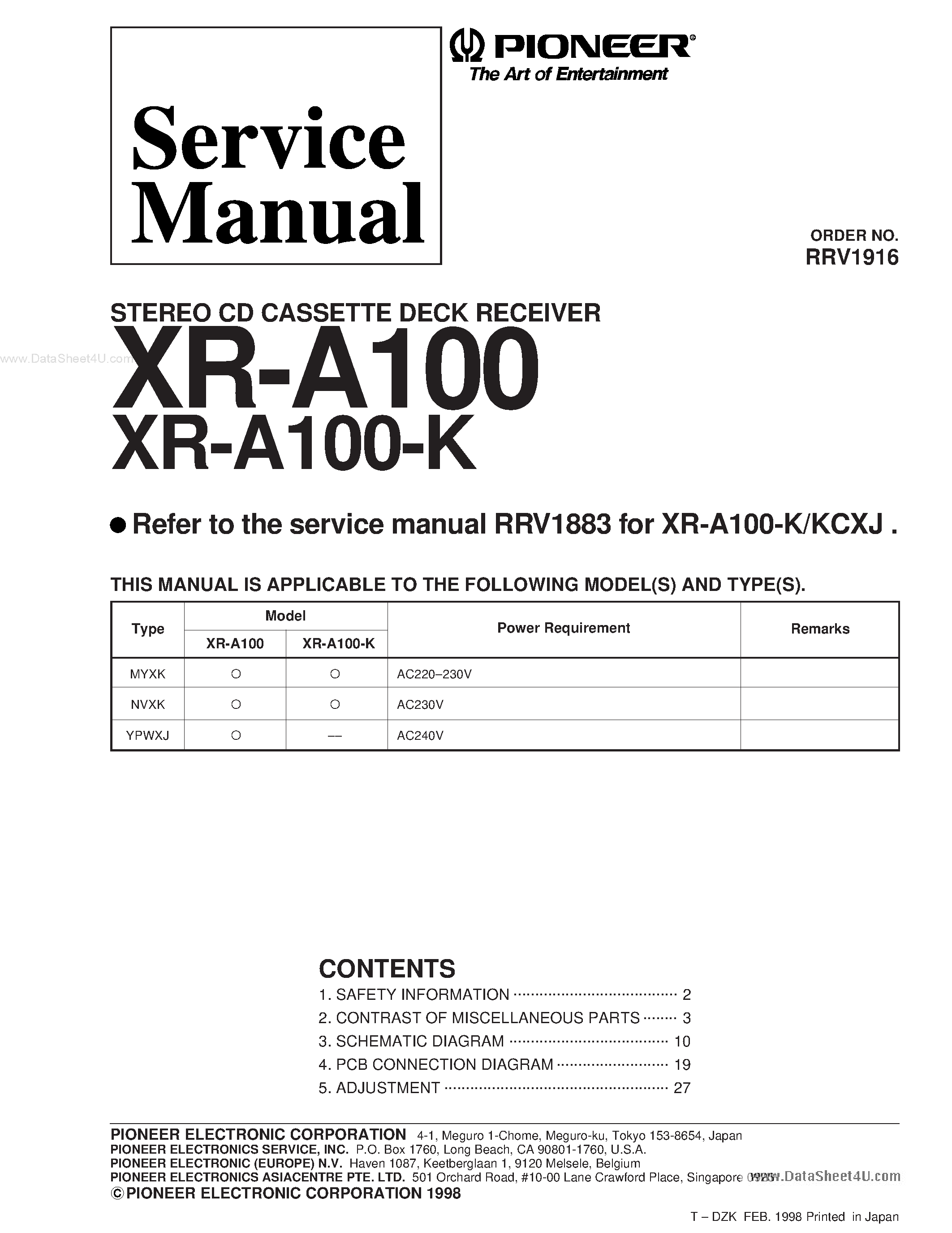Datasheet XR-A100 page 1 Datasheet XR-A100 - Stereo CD Cassette Deck Reciver page 1