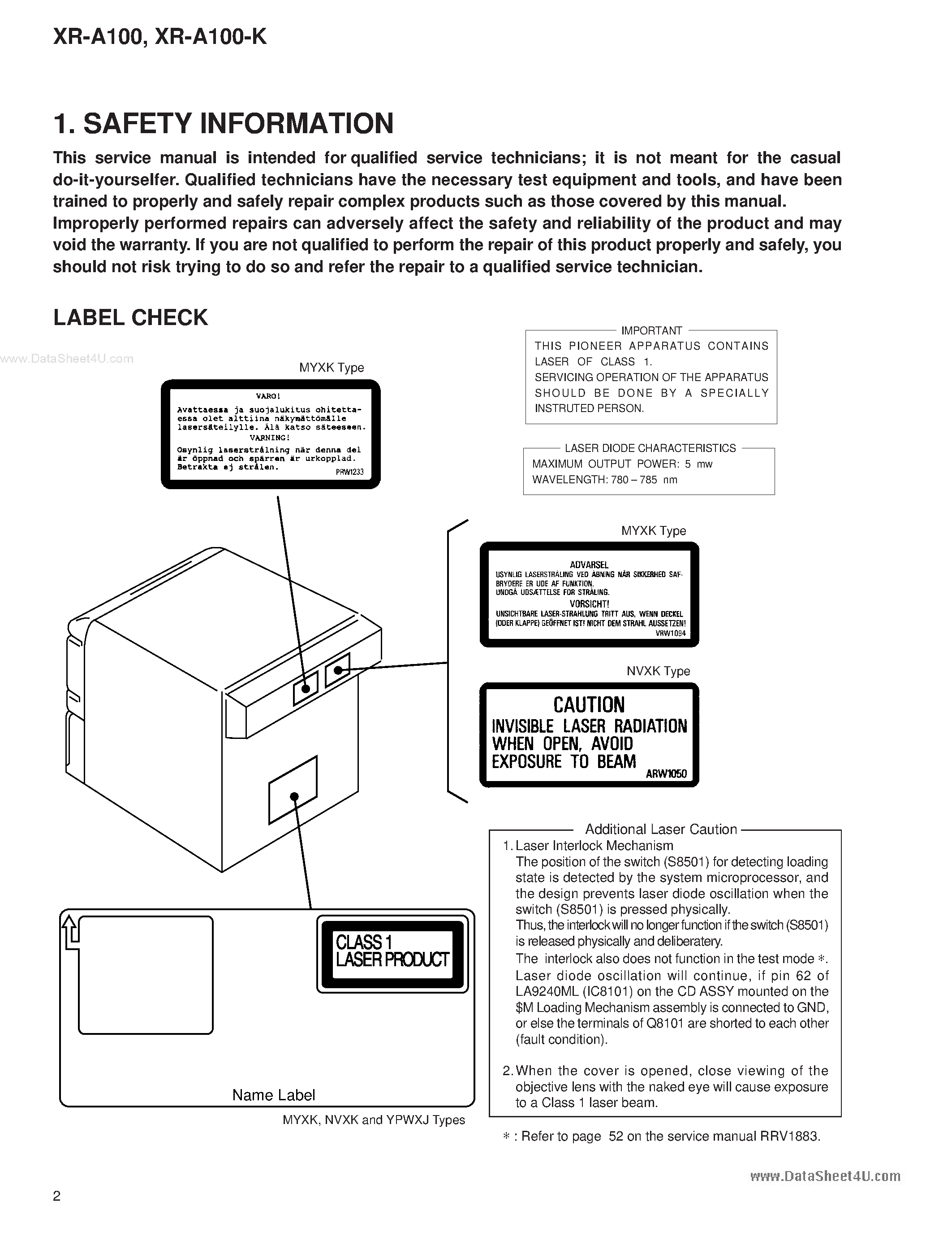 Datasheet XR-A100 page 2 Datasheet XR-A100 - Stereo CD Cassette Deck Reciver page 2