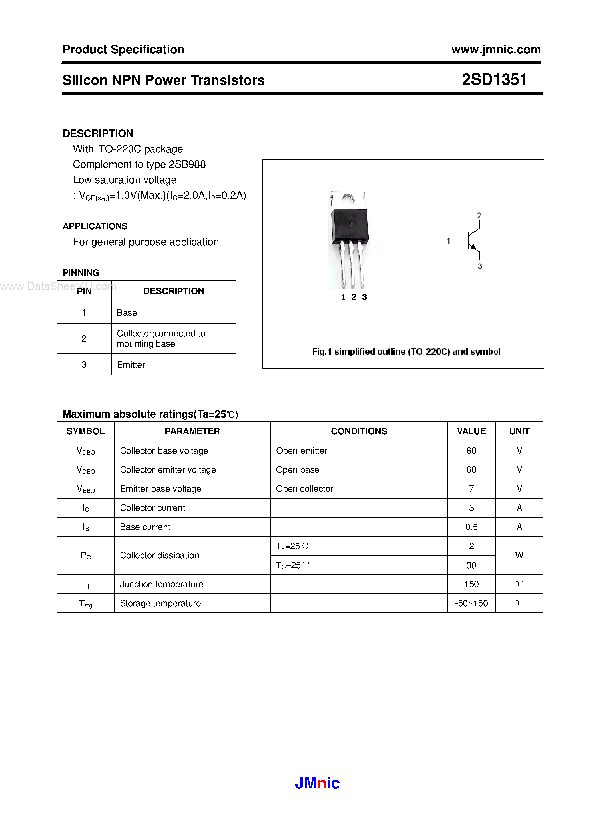 Datasheet 2SD1351 page 1 Datasheet 2SD1351 - Silicon NPN Power Transistors page 1