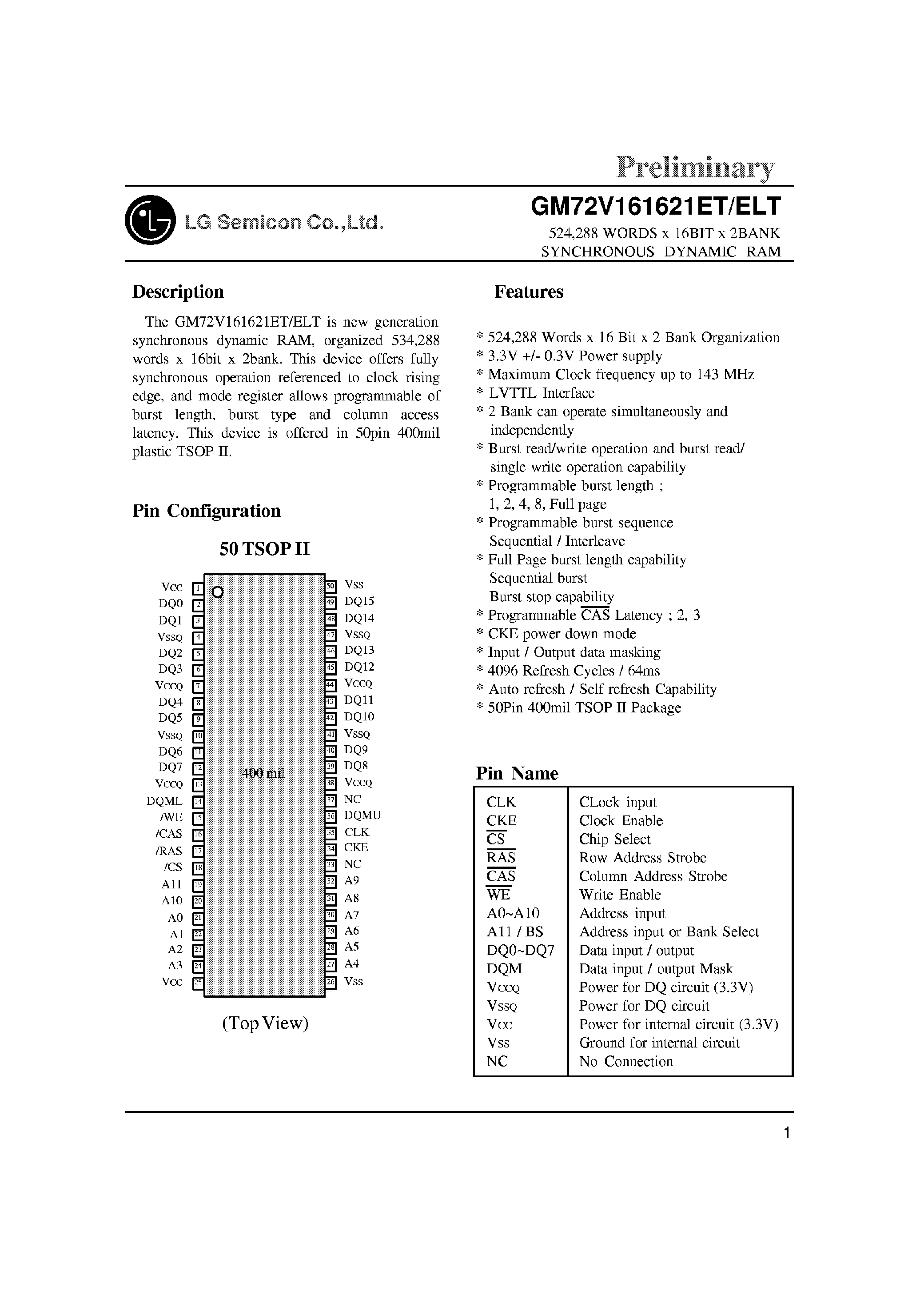 Datasheet GM72V161621ELT - 524288 word x 16 Bit x 2 Bank SDRAM page 1