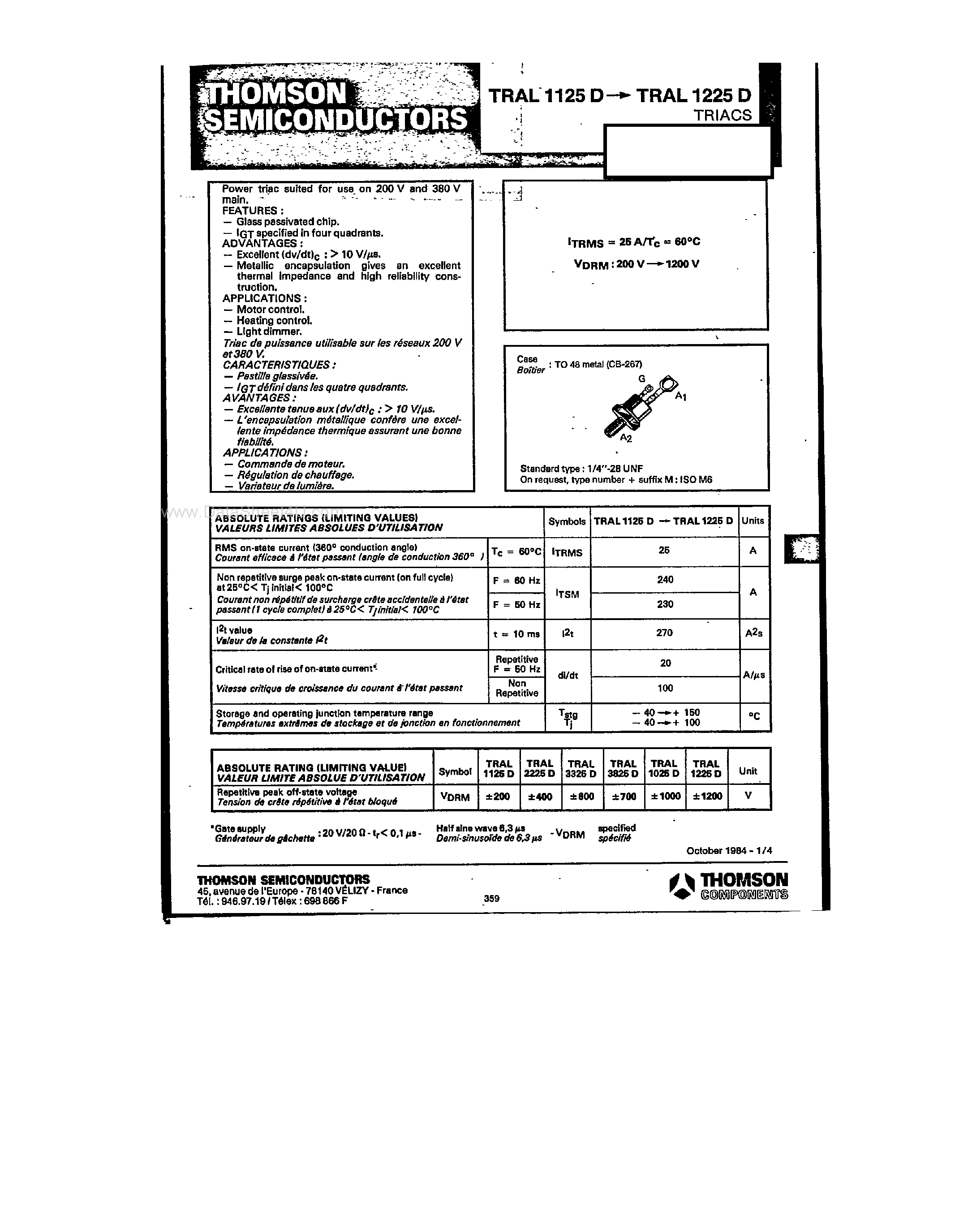 Datasheet TRAL1025D - TRIACs page 1