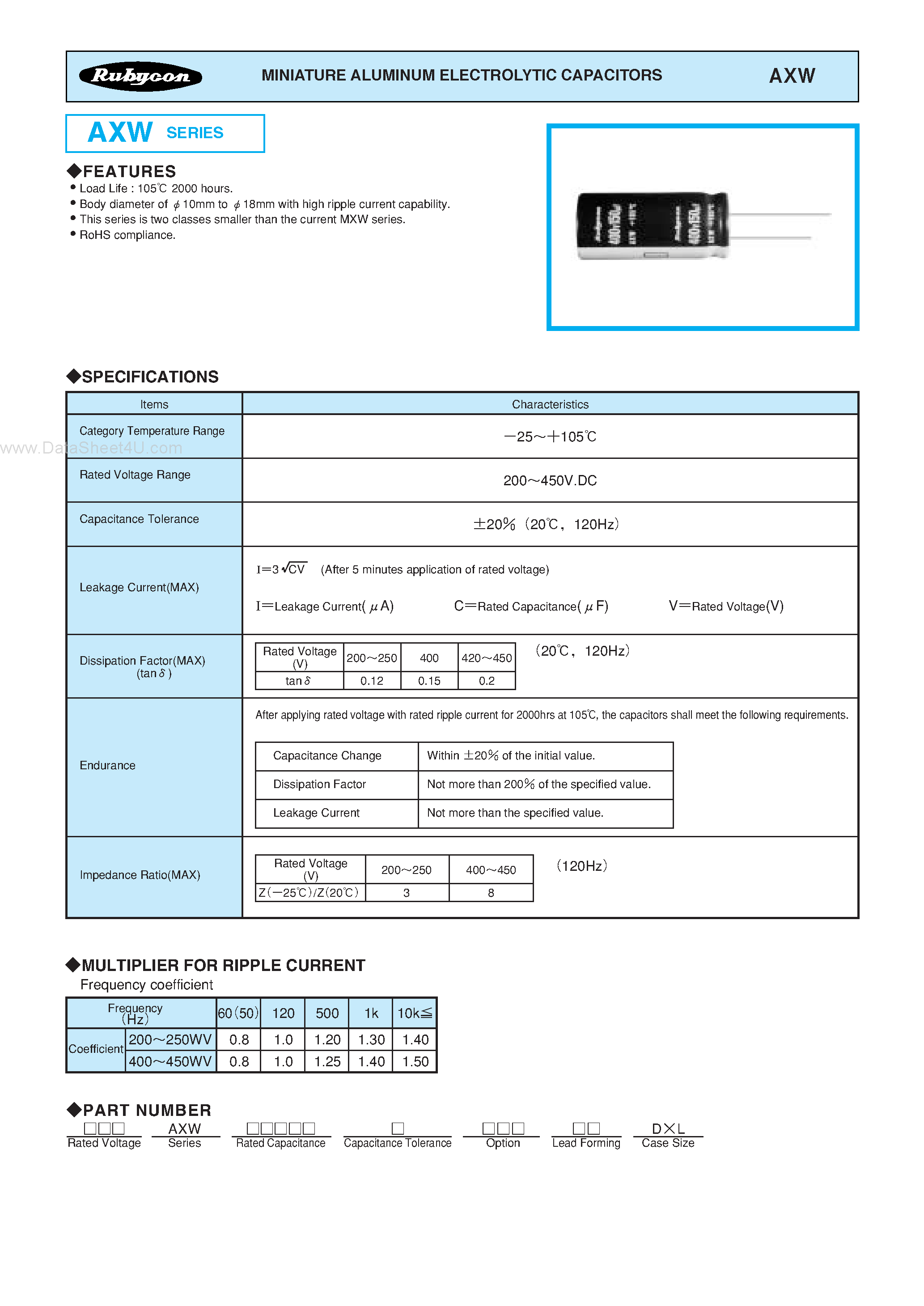 Datasheet 450AXW68M16x40 page 1 Datasheet 450AXW68M16x40 - MINIATURE ALUMINUM ELECTROLYTIC CAPACITORS page 1