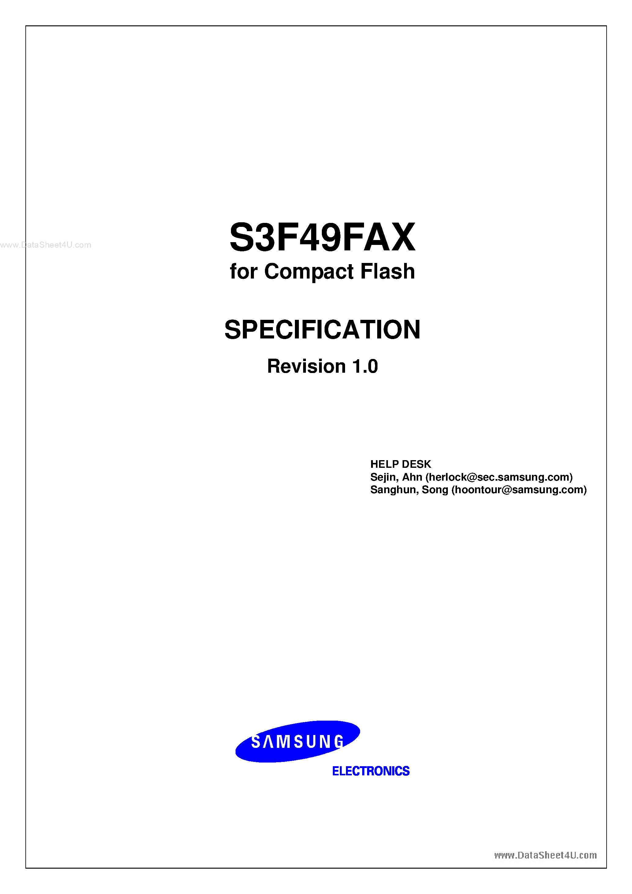 Datasheet S3F49FAX page 1 Datasheet S3F49FAX - Compact Flash SPECIFICATION Revision 1.0 page 1