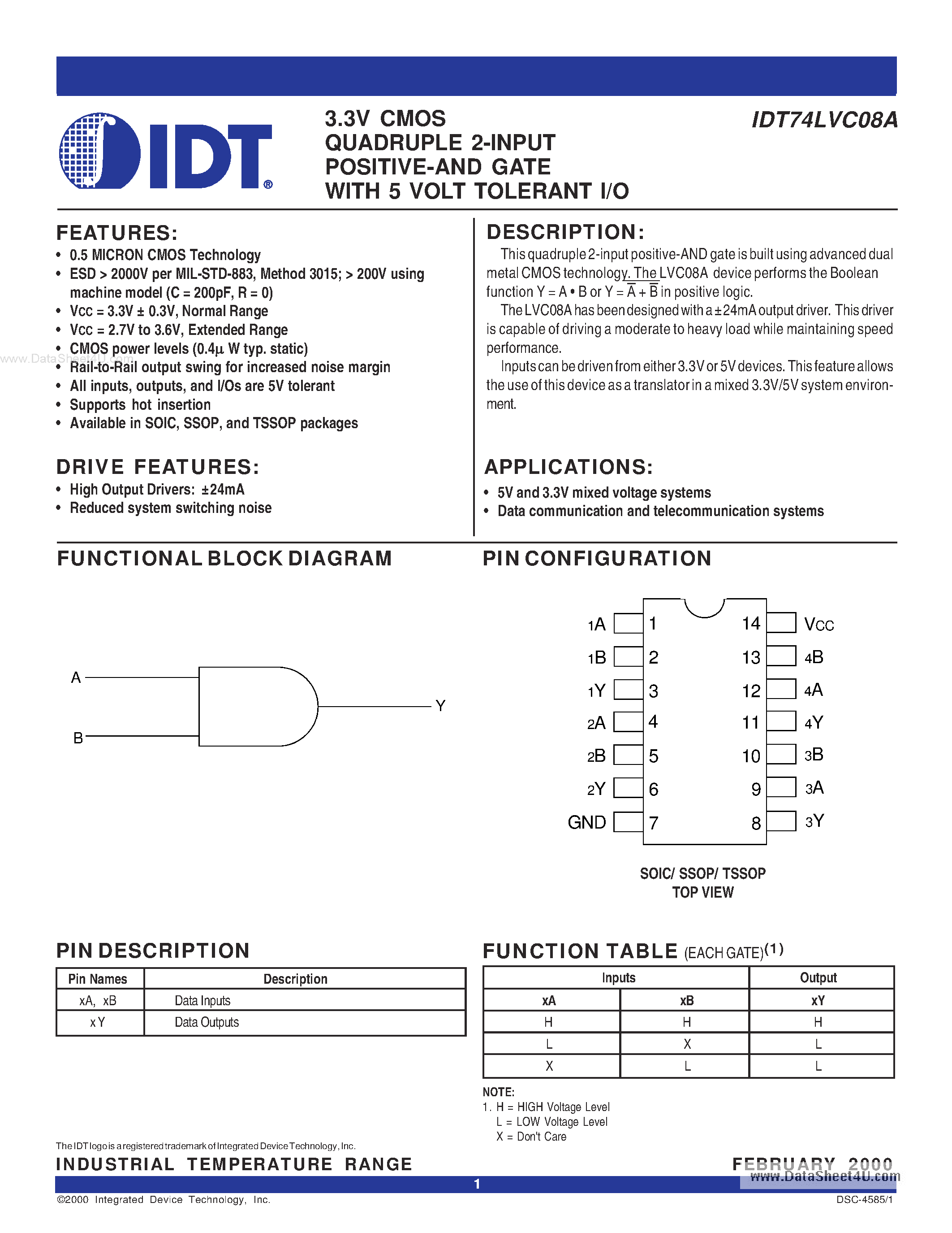 Даташит IDT74LVC08A - 3.3V CMOS QUADRUPLE 2-INPUT POSITIVE-AND GATE WITH 5 VOLT TOLERANT I/O страница 1