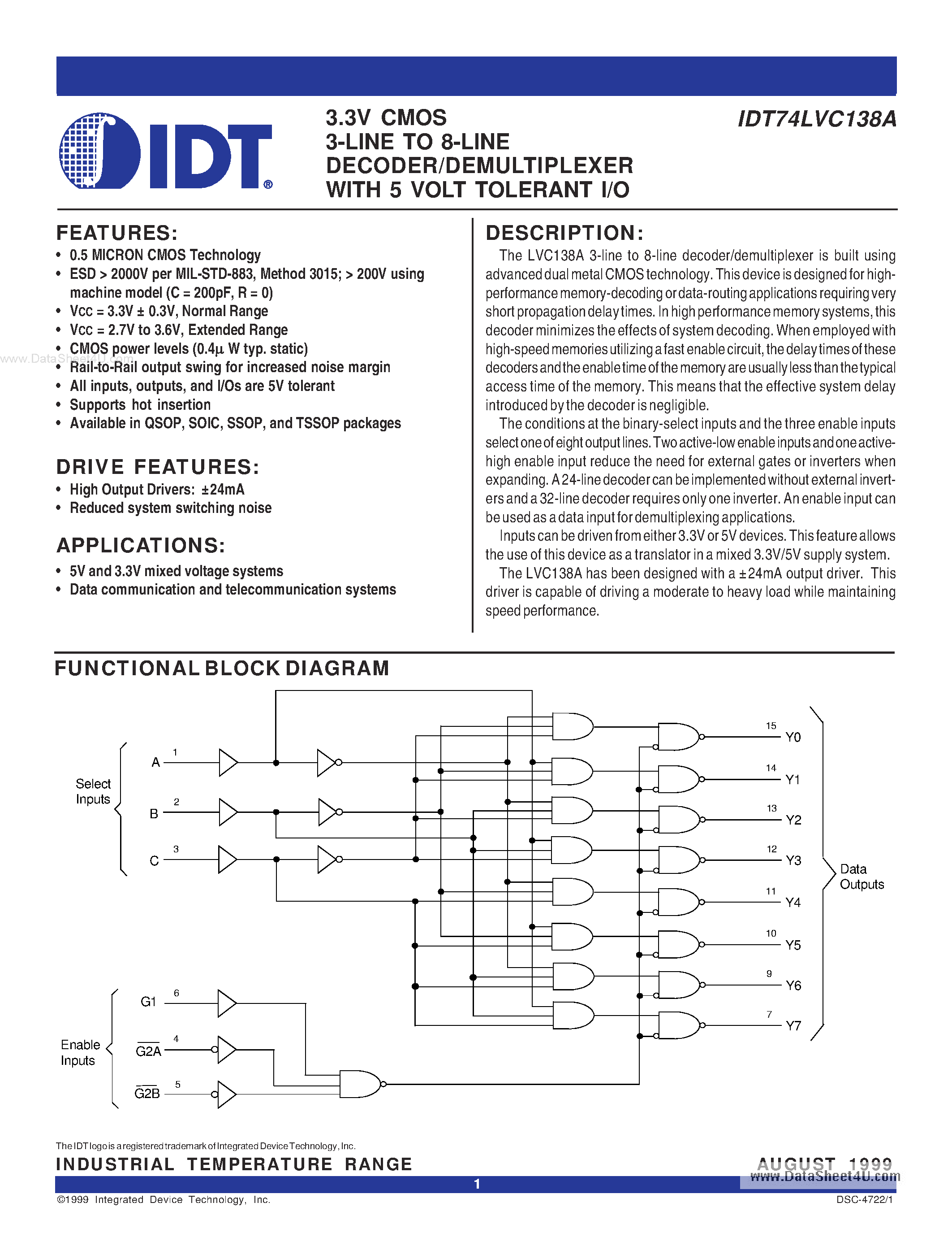 Datasheet IDT74LVC138A - 3.3V CMOS 3-LINE TO 8-LINE DECODER/DEMULTIPLEXER page 1