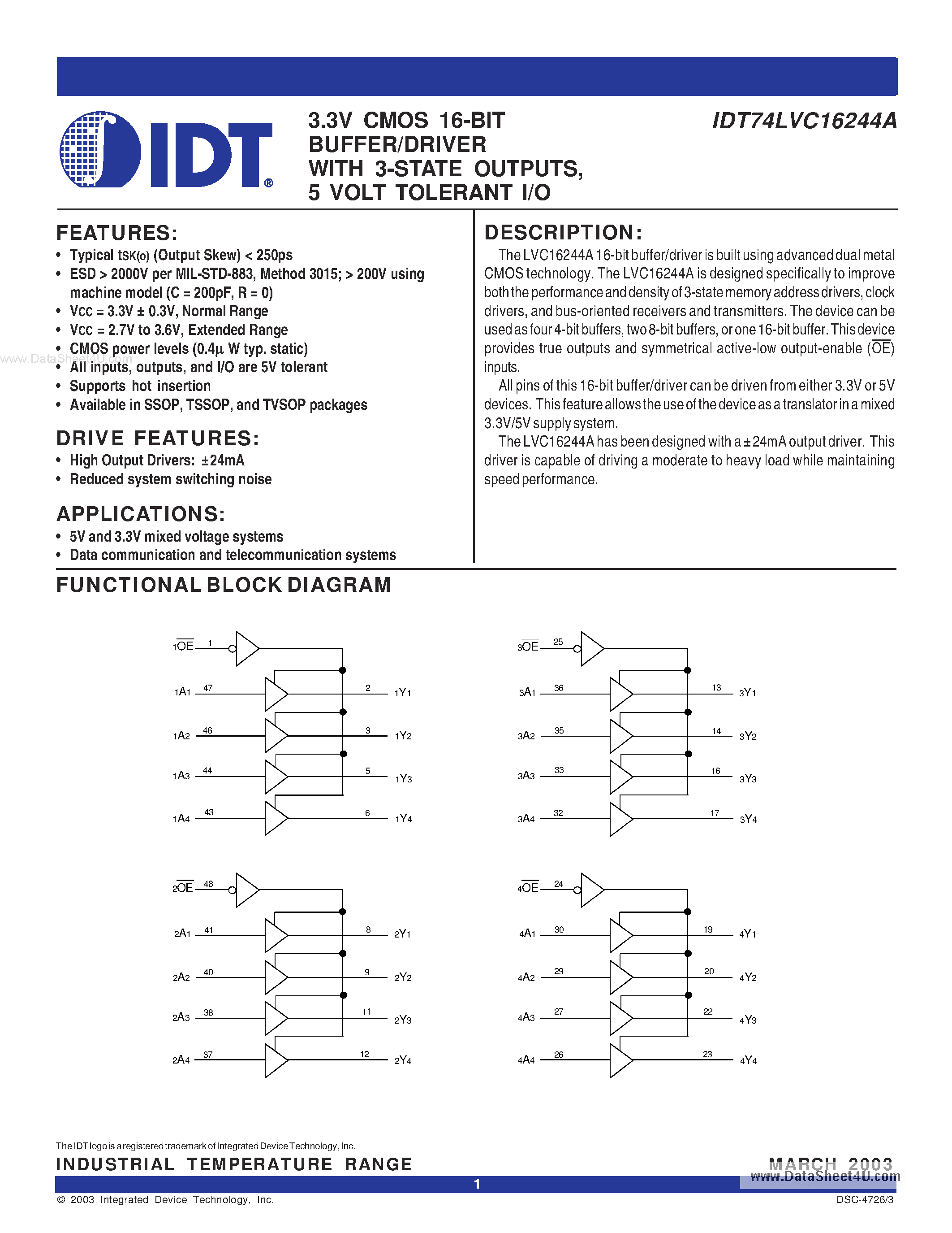 Datasheet IDT74LVC16244A - 3.3V CMOS 16-BIT BUFFER/DRIVER page 1