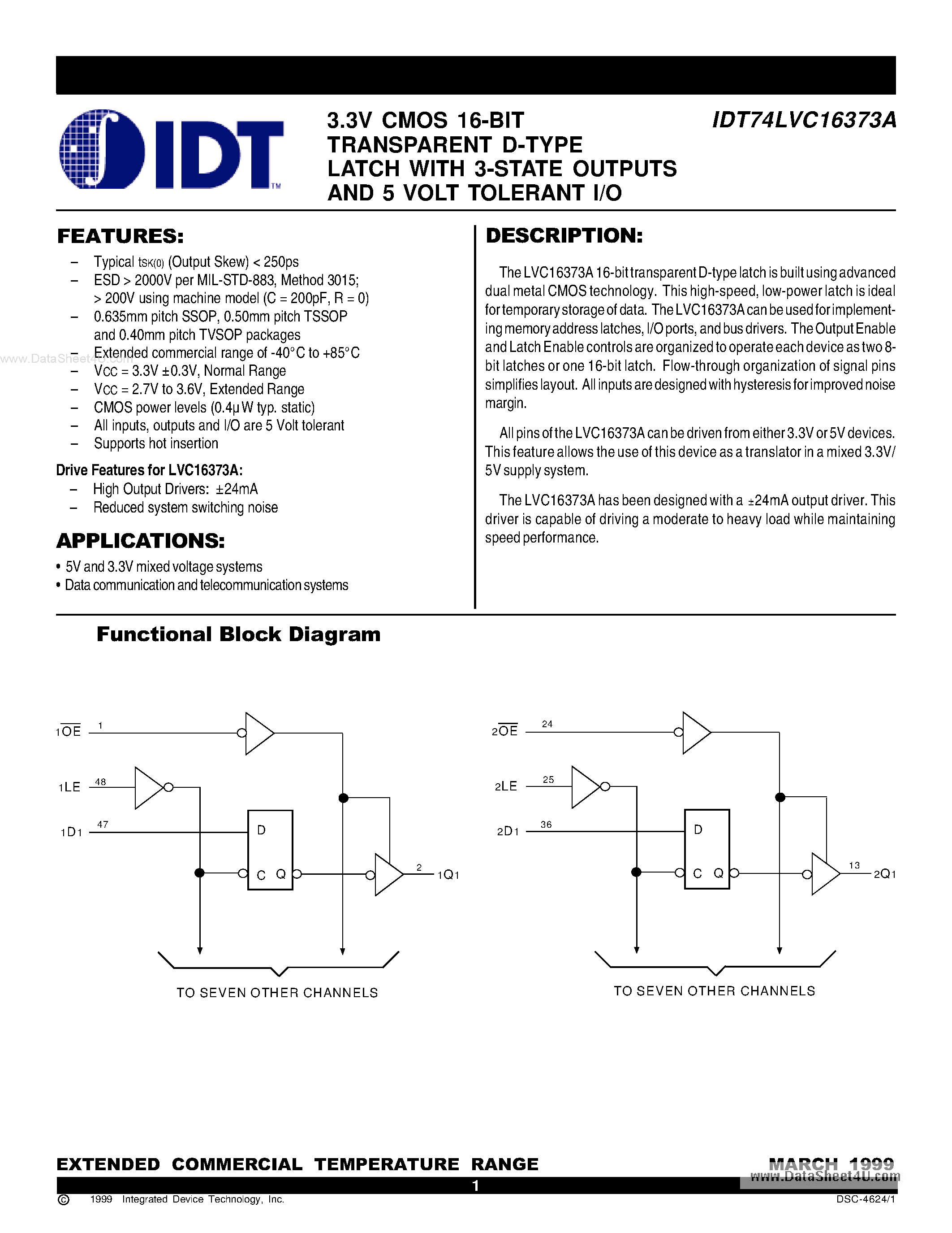Datasheet IDT74LVC16373A - 3.3V CMOS 16-BIT TRANSPARENT D-TYPE LATCH page 1