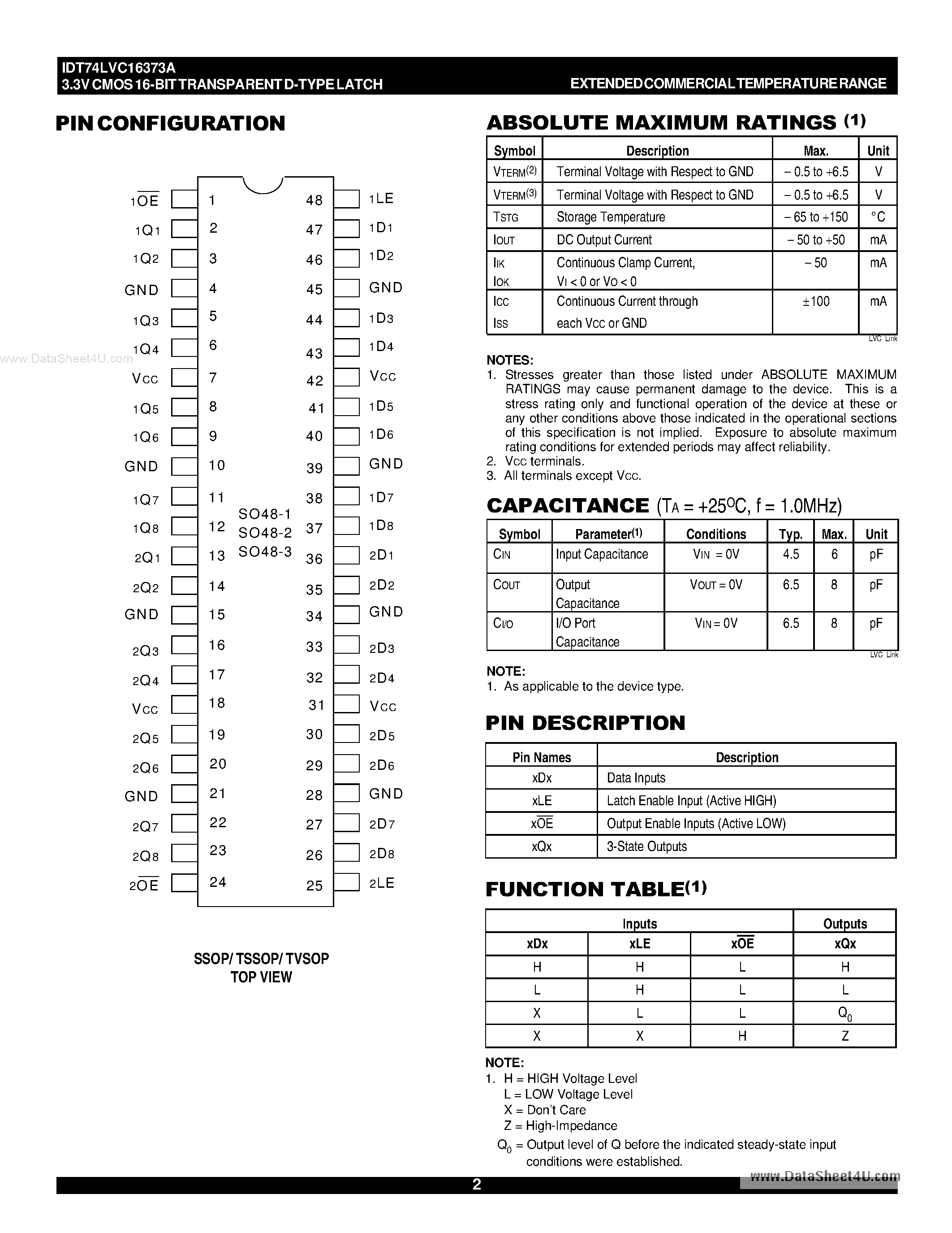 Datasheet IDT74LVC16373A - 3.3V CMOS 16-BIT TRANSPARENT D-TYPE LATCH page 2