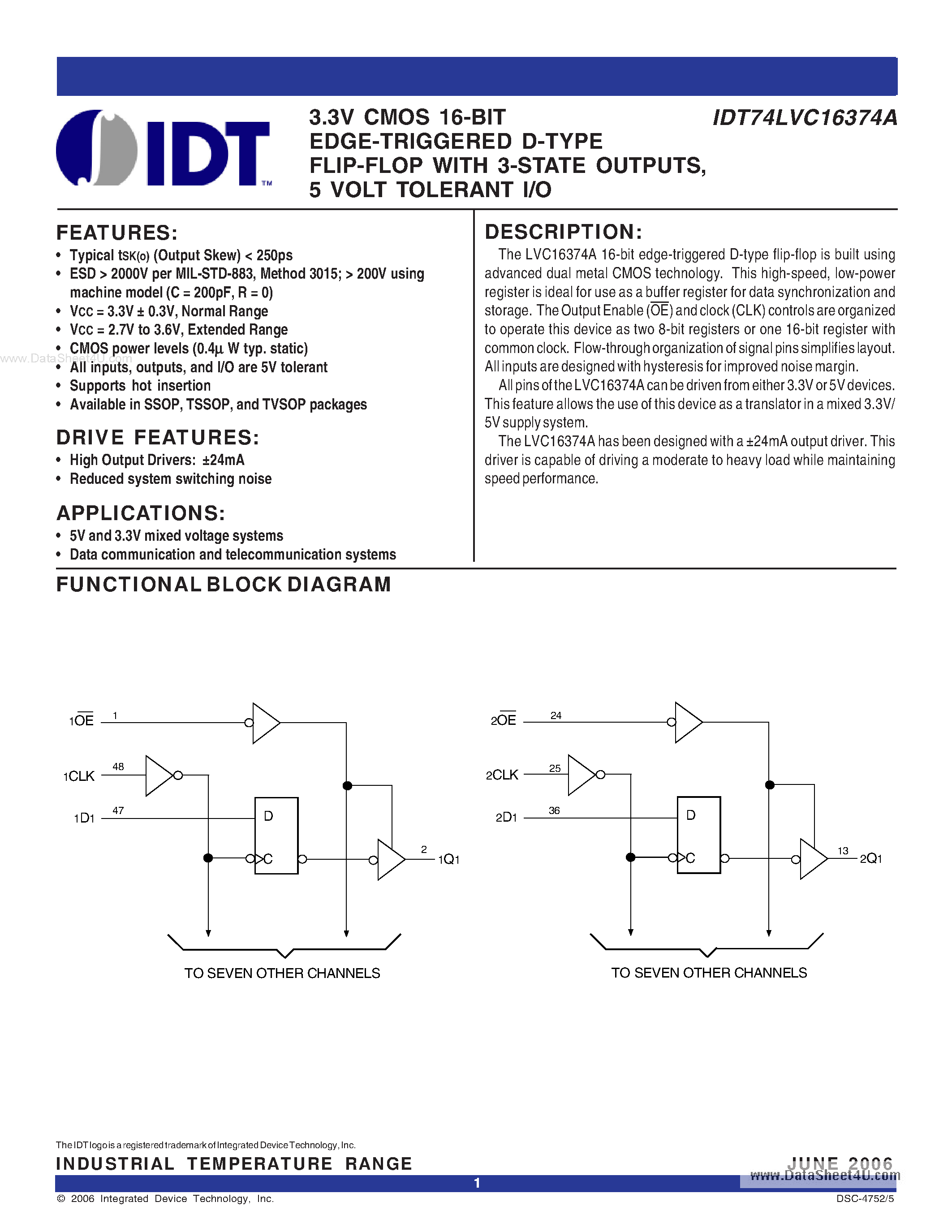 Datasheet IDT74LVC16374A - 3.3V CMOS 16-BIT EDGE-TRIGGERED D-TYPE FLIP-FLOP page 1