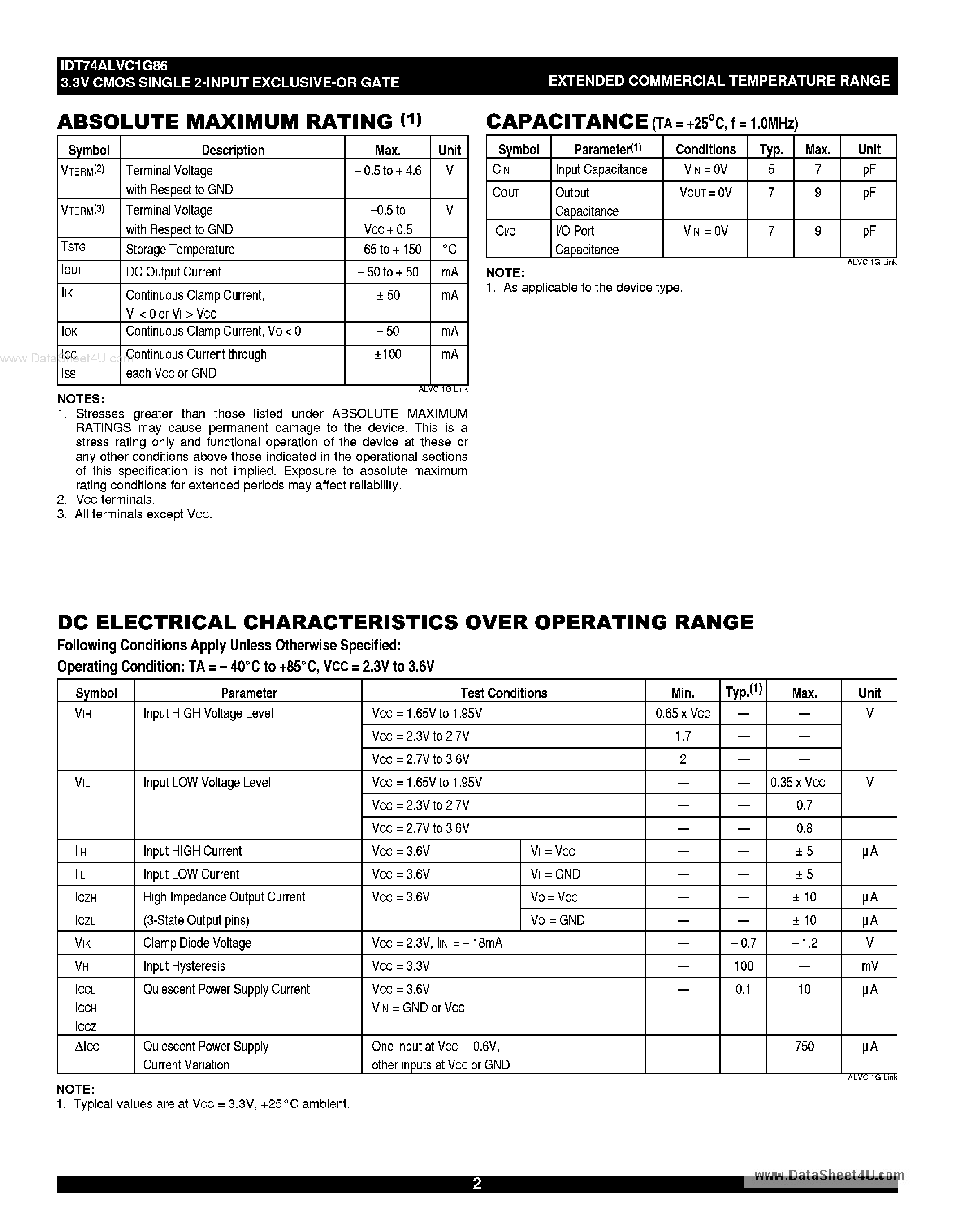 Datasheet IDT74LVC1G86 - 3.3V CMOS SINGLE 2-INPUT EXCLUSIVE-OR GATE page 2