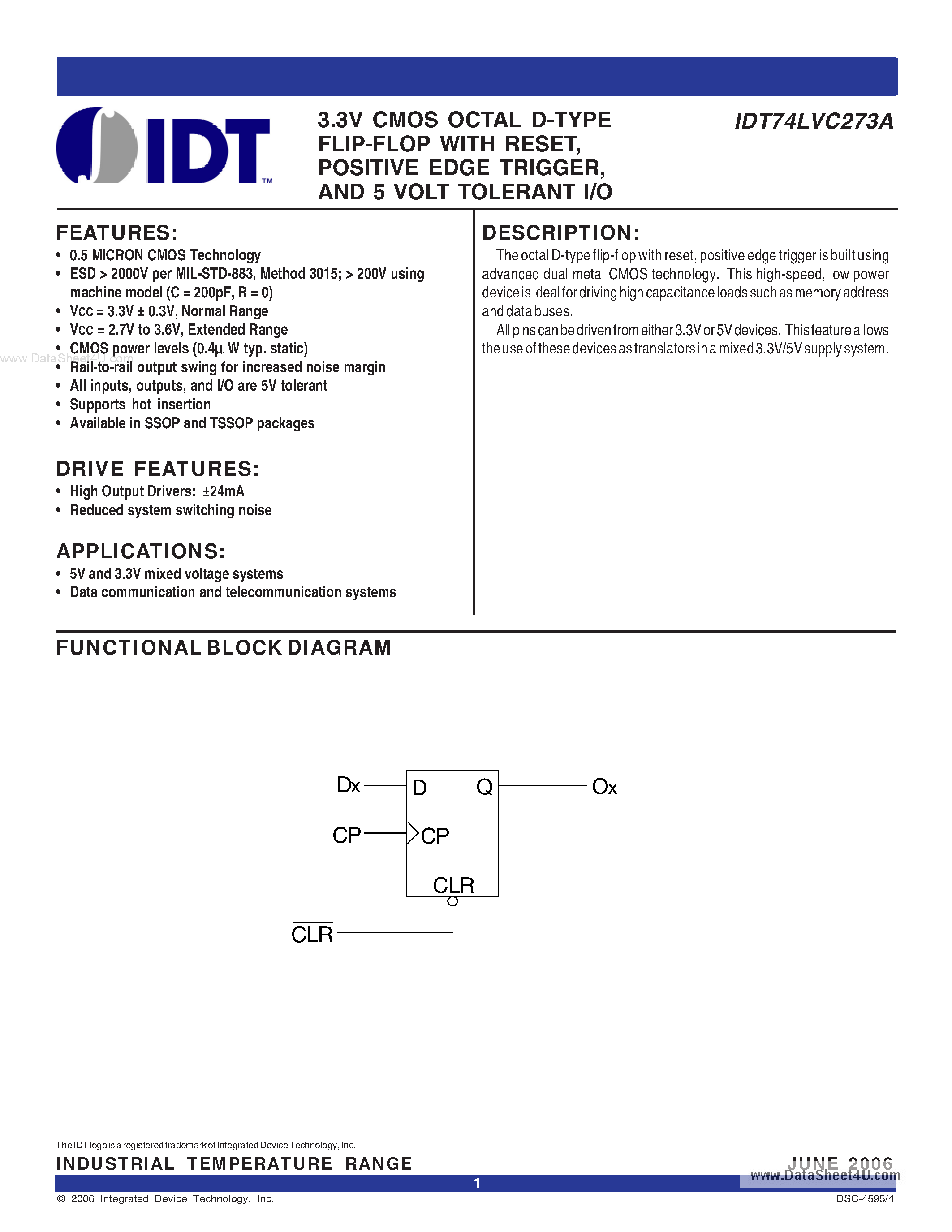 Datasheet IDT74LVC273A - 3.3V CMOS OCTAL D-TYPE FLIP-FLOP page 1