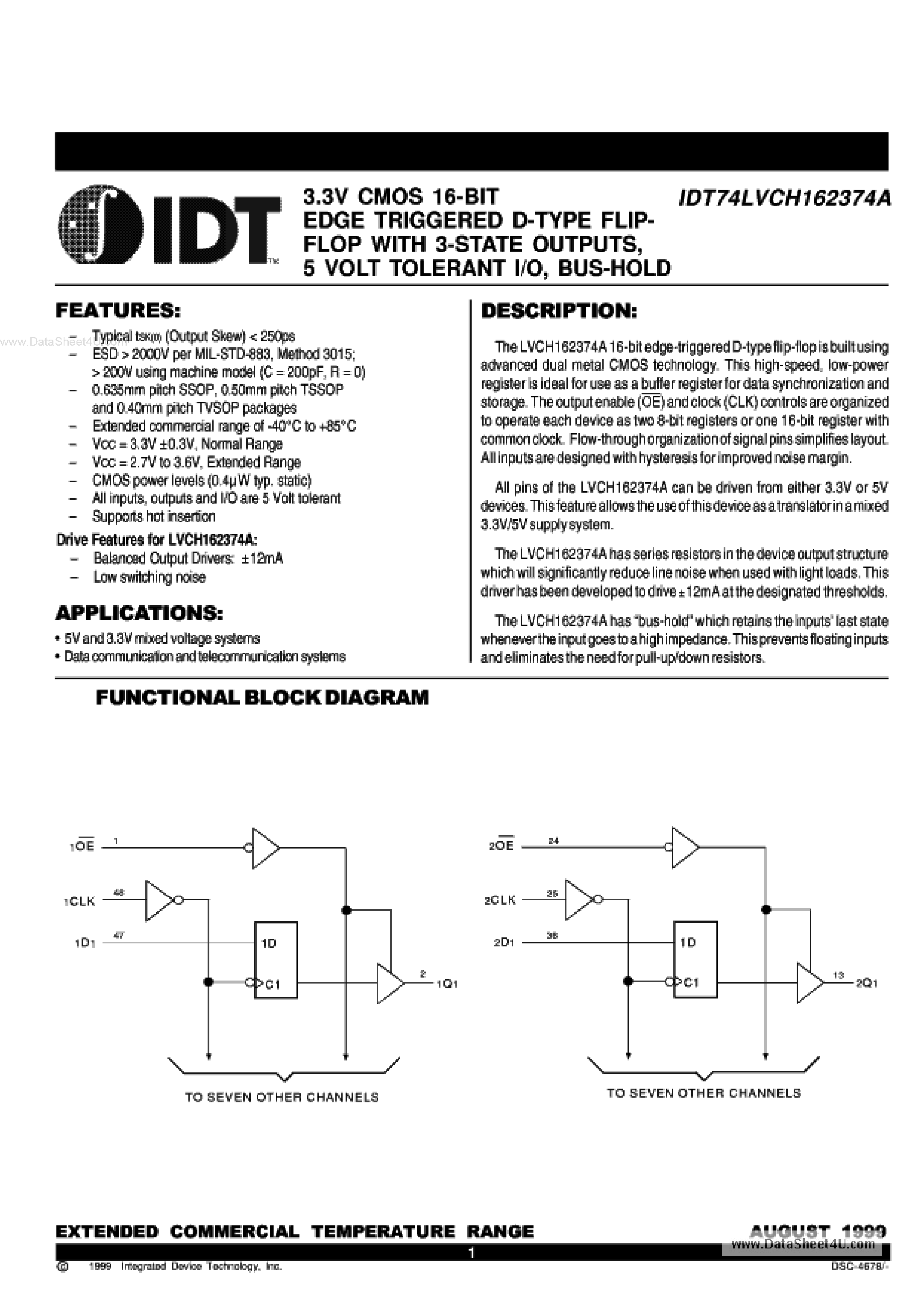 Datasheet IDT74LVCH162374A - 3.3V CMOS 16-BIT EDGE TRIGGERED D-TYPE FLIP-FLOP page 1