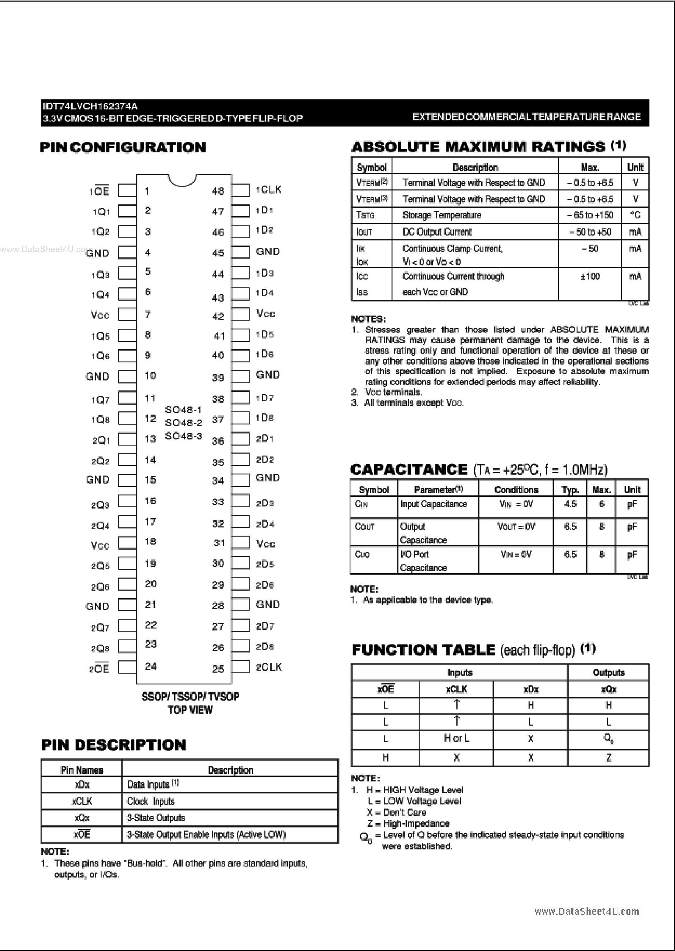 Datasheet IDT74LVCH162374A - 3.3V CMOS 16-BIT EDGE TRIGGERED D-TYPE FLIP-FLOP page 2