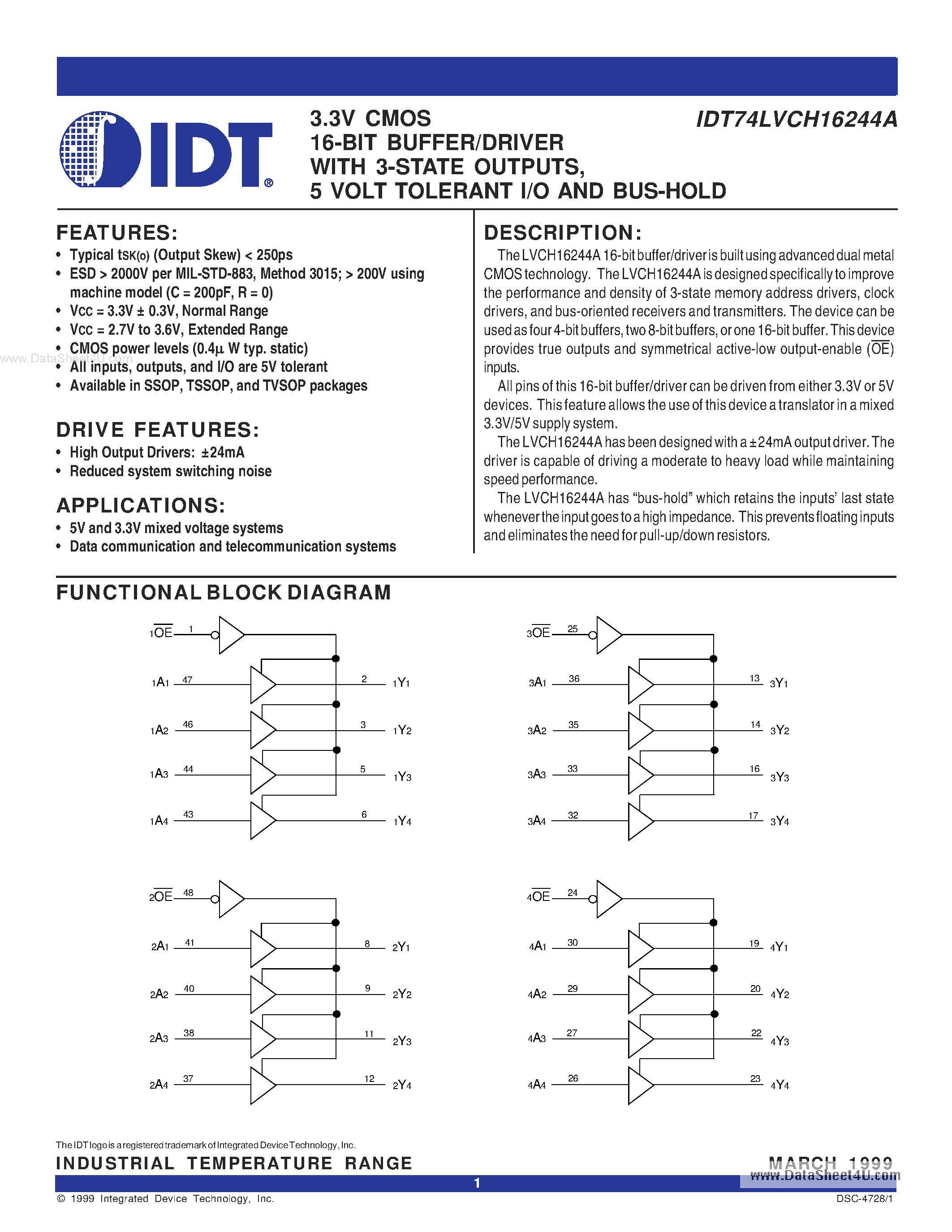 Datasheet IDT74LVCH16244A - 3.3V CMOS 16-BIT BUFFER/DRIVER page 1