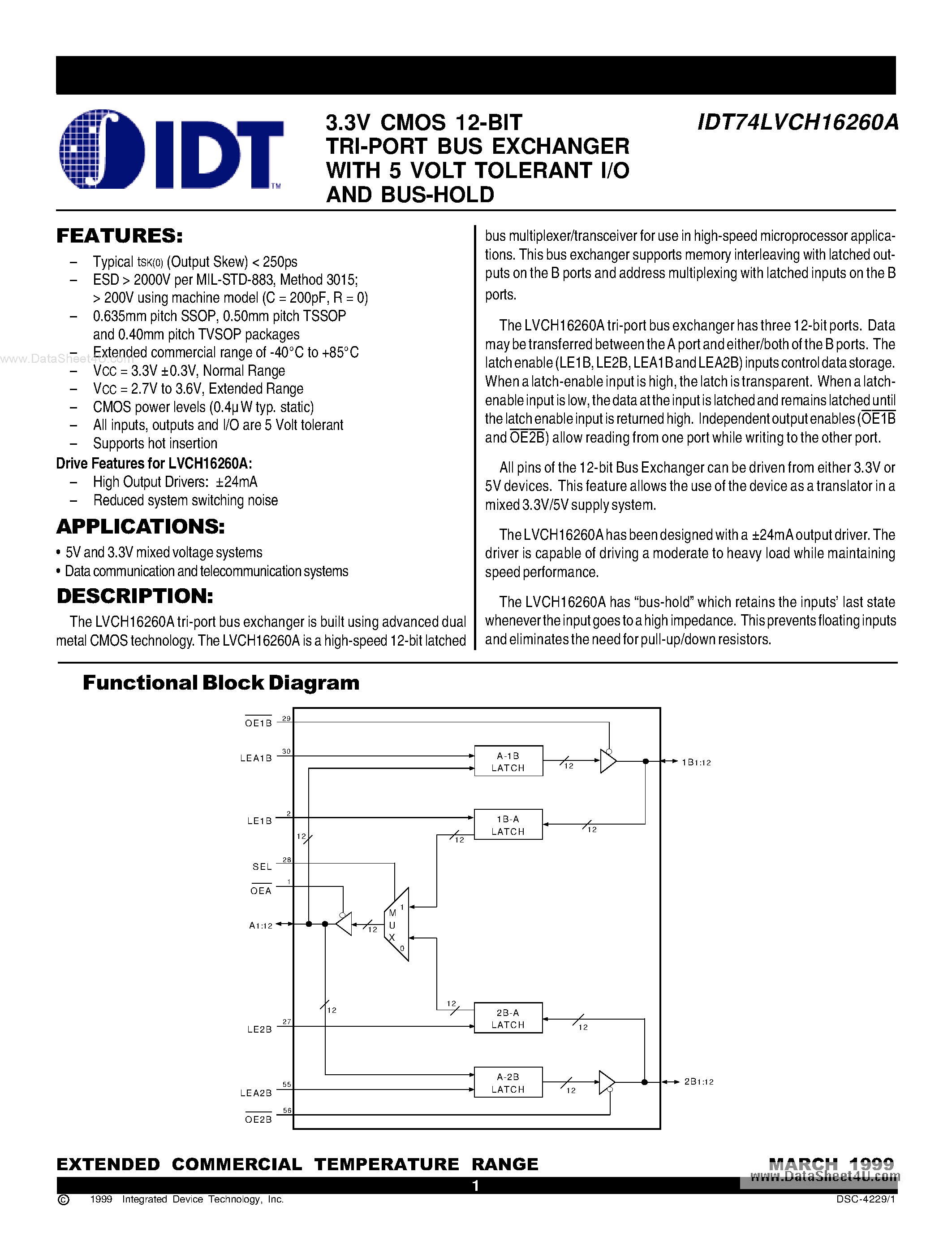 Datasheet IDT74LVCH16260A - 3.3V CMOS 12-BIT TRI-PORT BUS EXCHANGER page 1