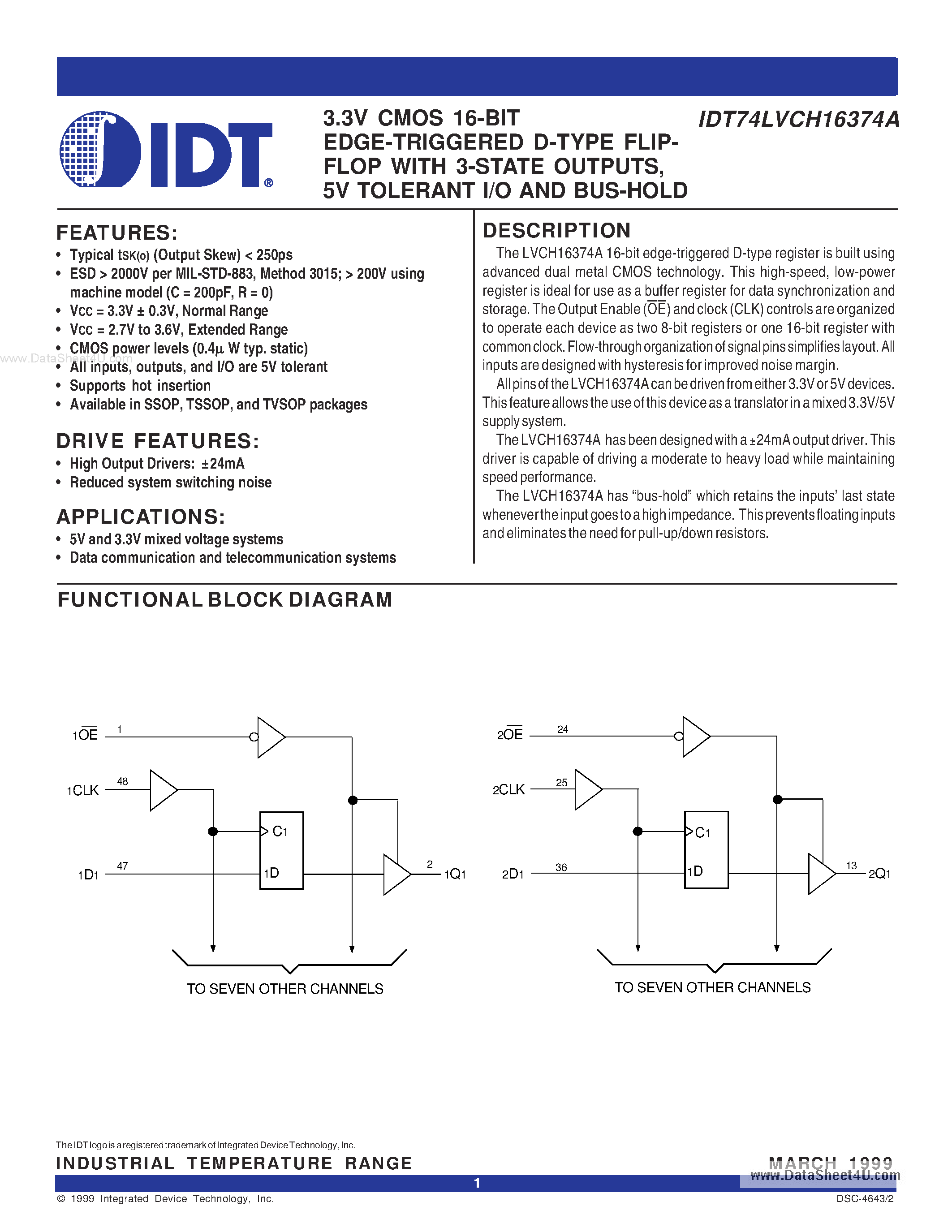 Datasheet IDT74LVCH16374A - 3.3V CMOS 16-BIT EDGE-TRIGGERED D-TYPE FLIPFLOP page 1