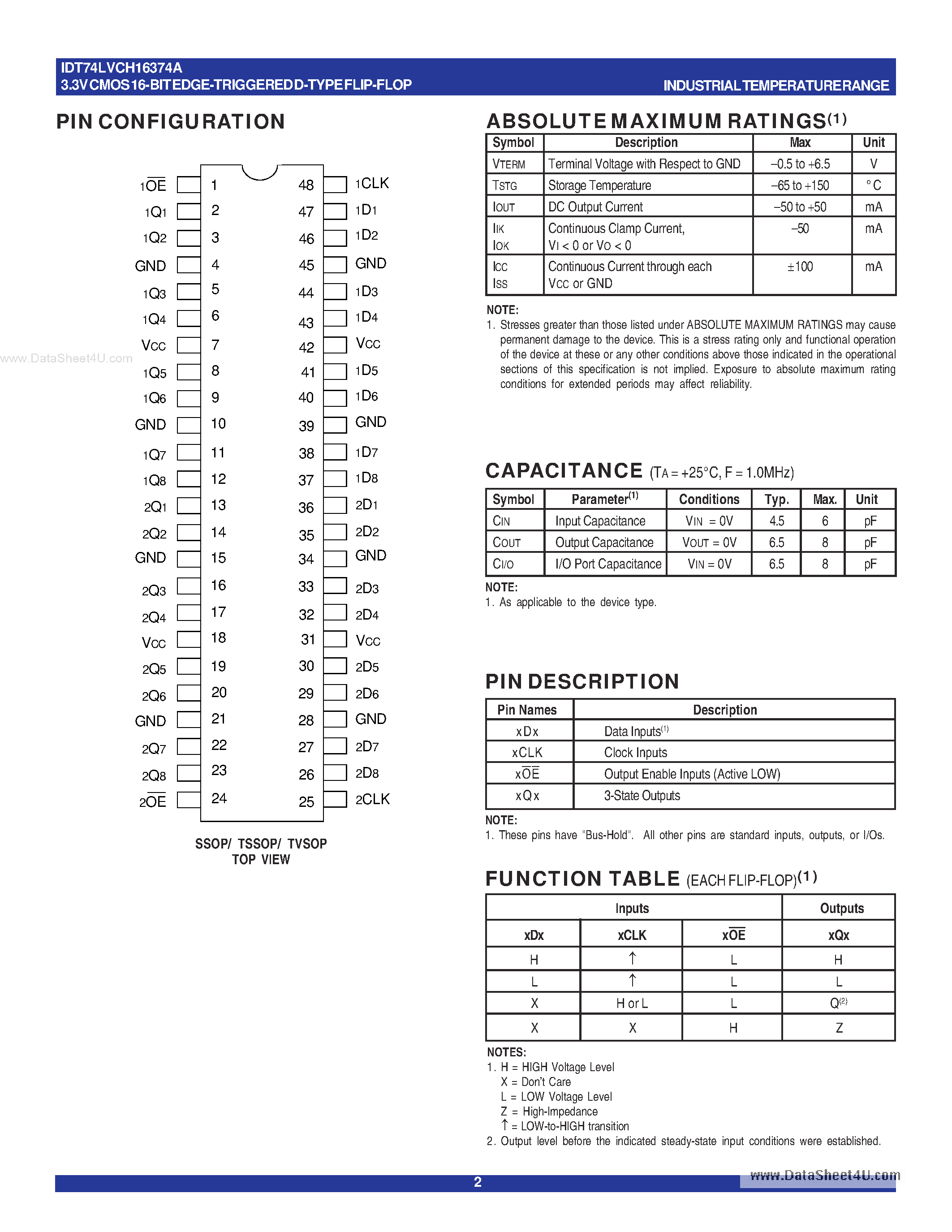 Datasheet IDT74LVCH16374A - 3.3V CMOS 16-BIT EDGE-TRIGGERED D-TYPE FLIPFLOP page 2