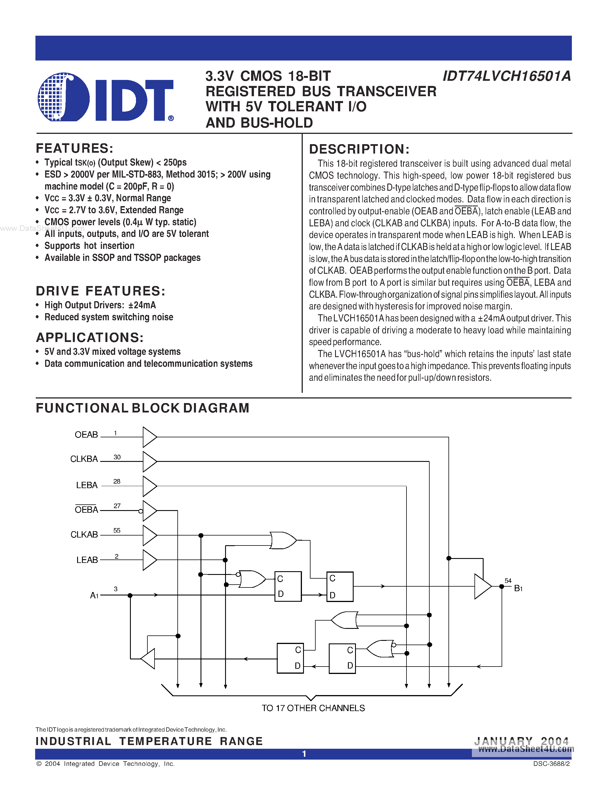 Datasheet IDT74LVCH16501A - 3.3V CMOS 18-BIT REGISTERED BUS TRANSCEIVER page 1