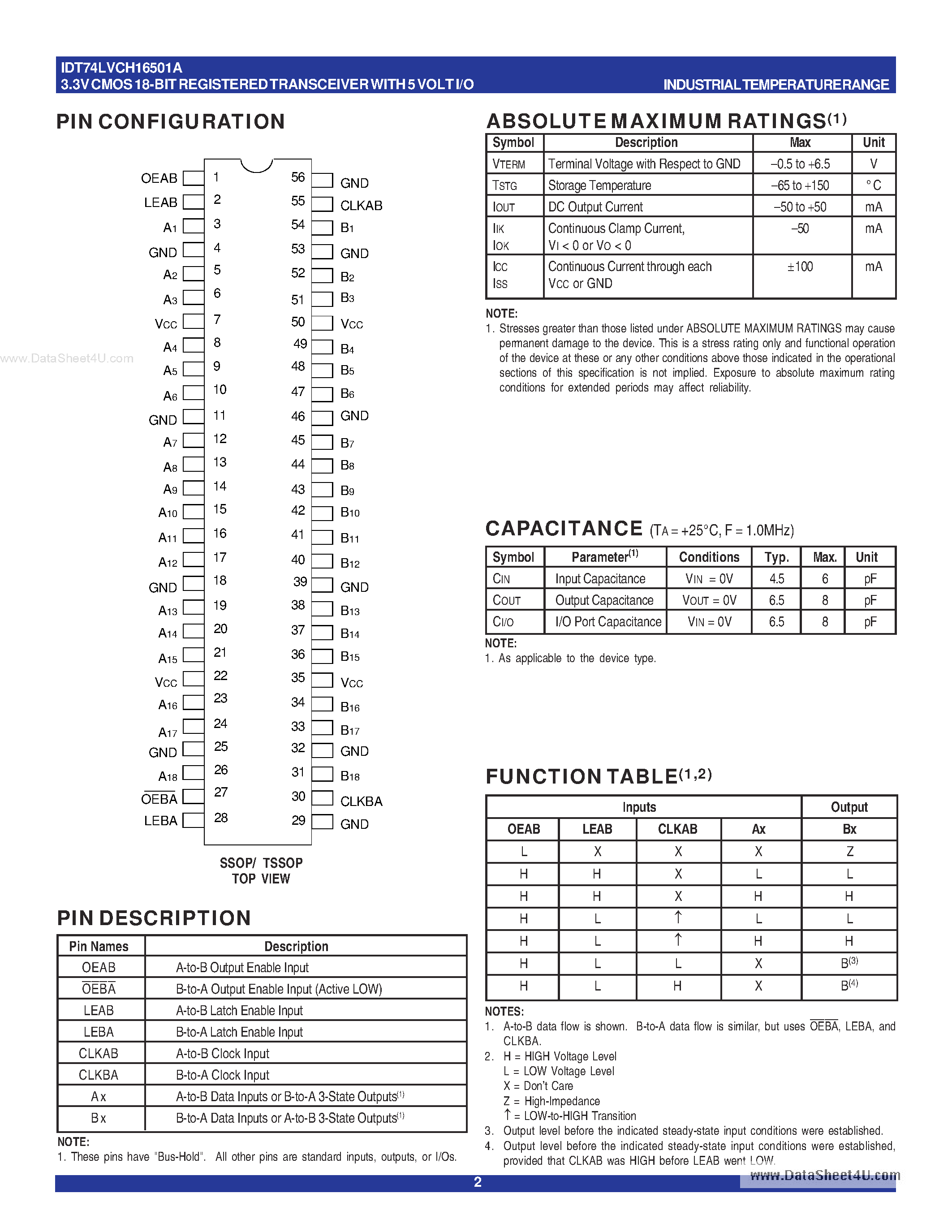 Datasheet IDT74LVCH16501A - 3.3V CMOS 18-BIT REGISTERED BUS TRANSCEIVER page 2
