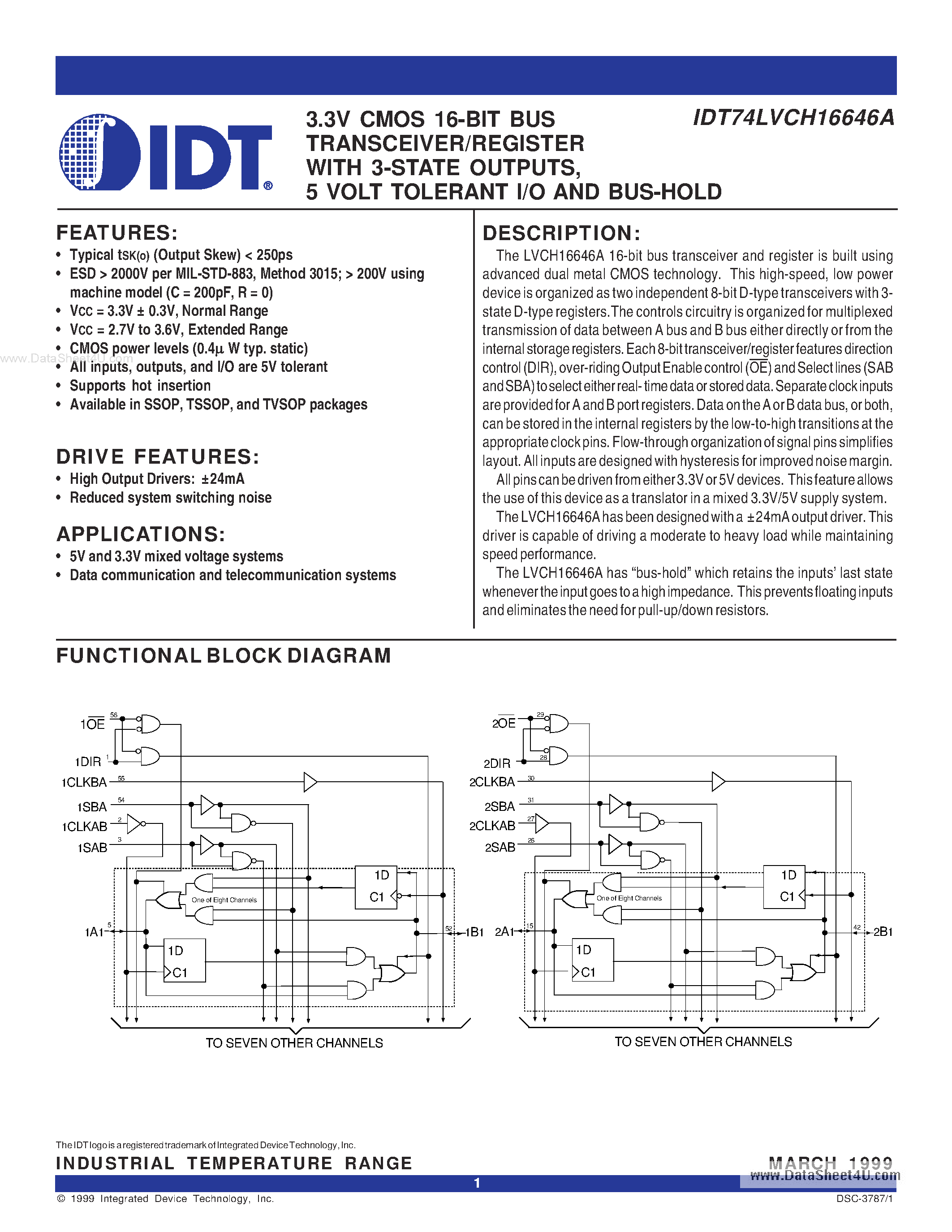 Datasheet IDT74LVCH16646A - 3.3V CMOS 16-BIT BUS TRANSCEIVER/REGISTER page 1